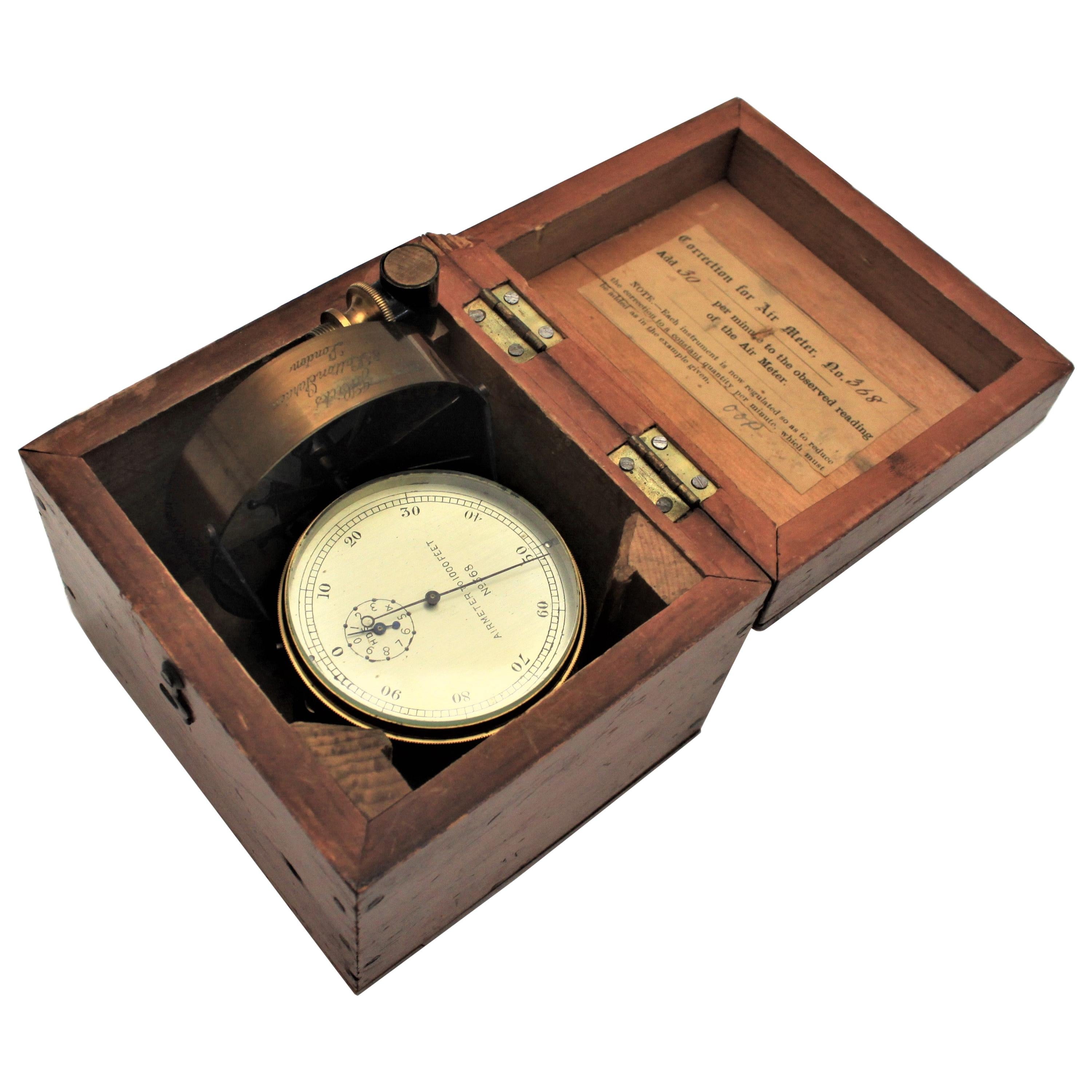 Antique J. Hicks London Brass Scientific Air Meter Instrument with Wooden Case