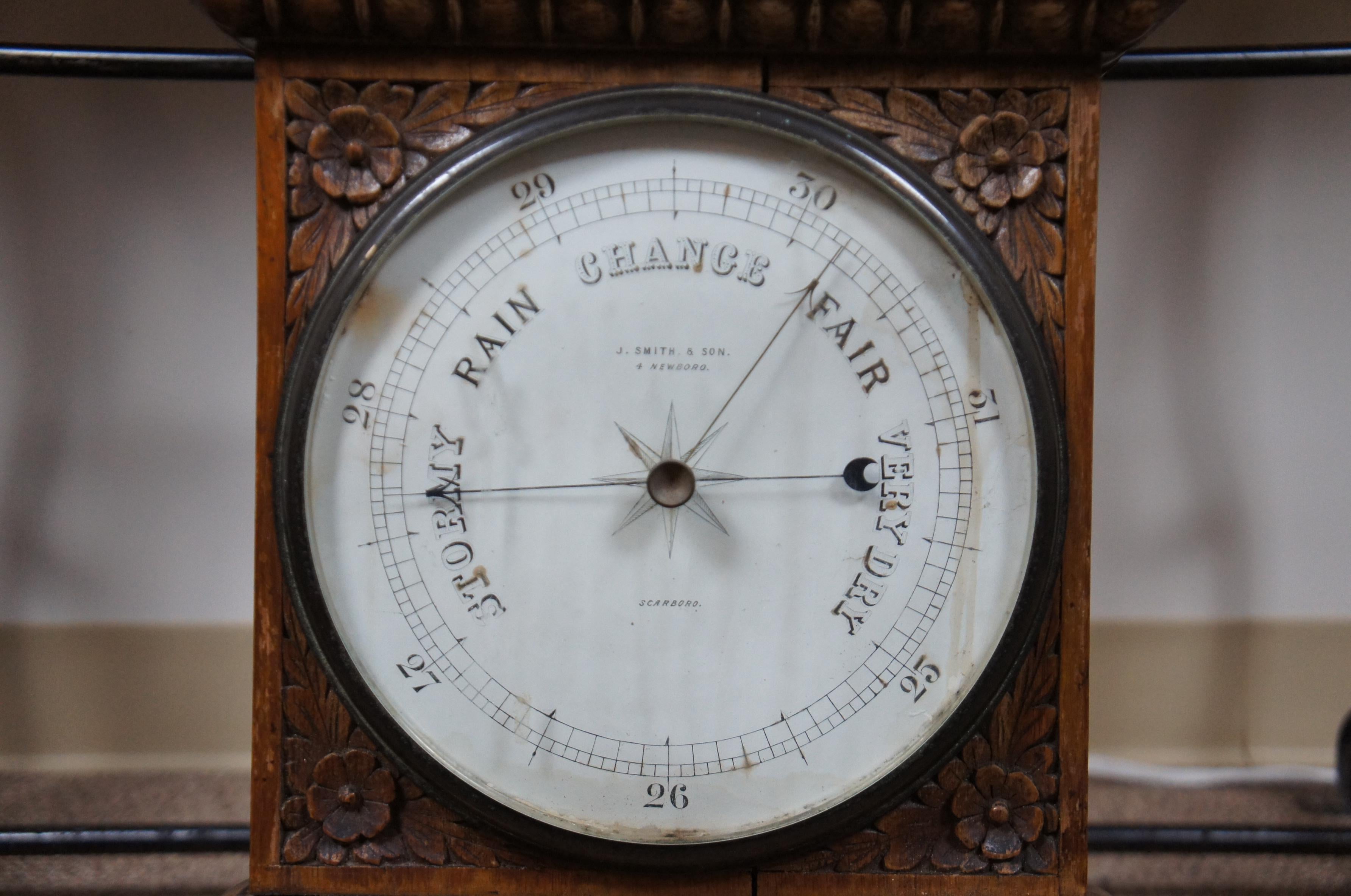 Antique J. Smith & Son English Carved Oak Aneroid Barometer Thermometer Mercury In Good Condition In Dayton, OH