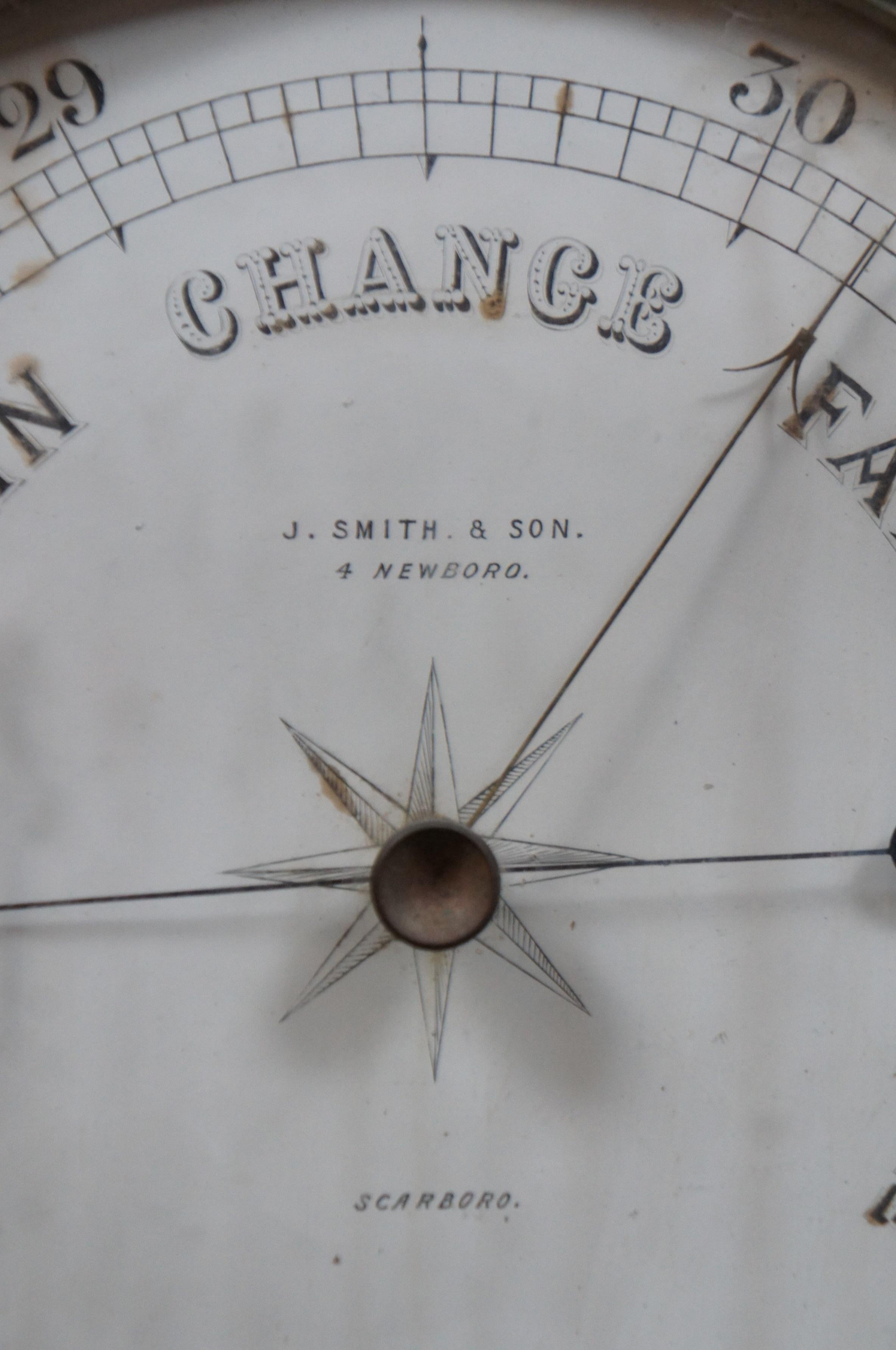 19th Century Antique J. Smith & Son English Carved Oak Aneroid Barometer Thermometer Mercury