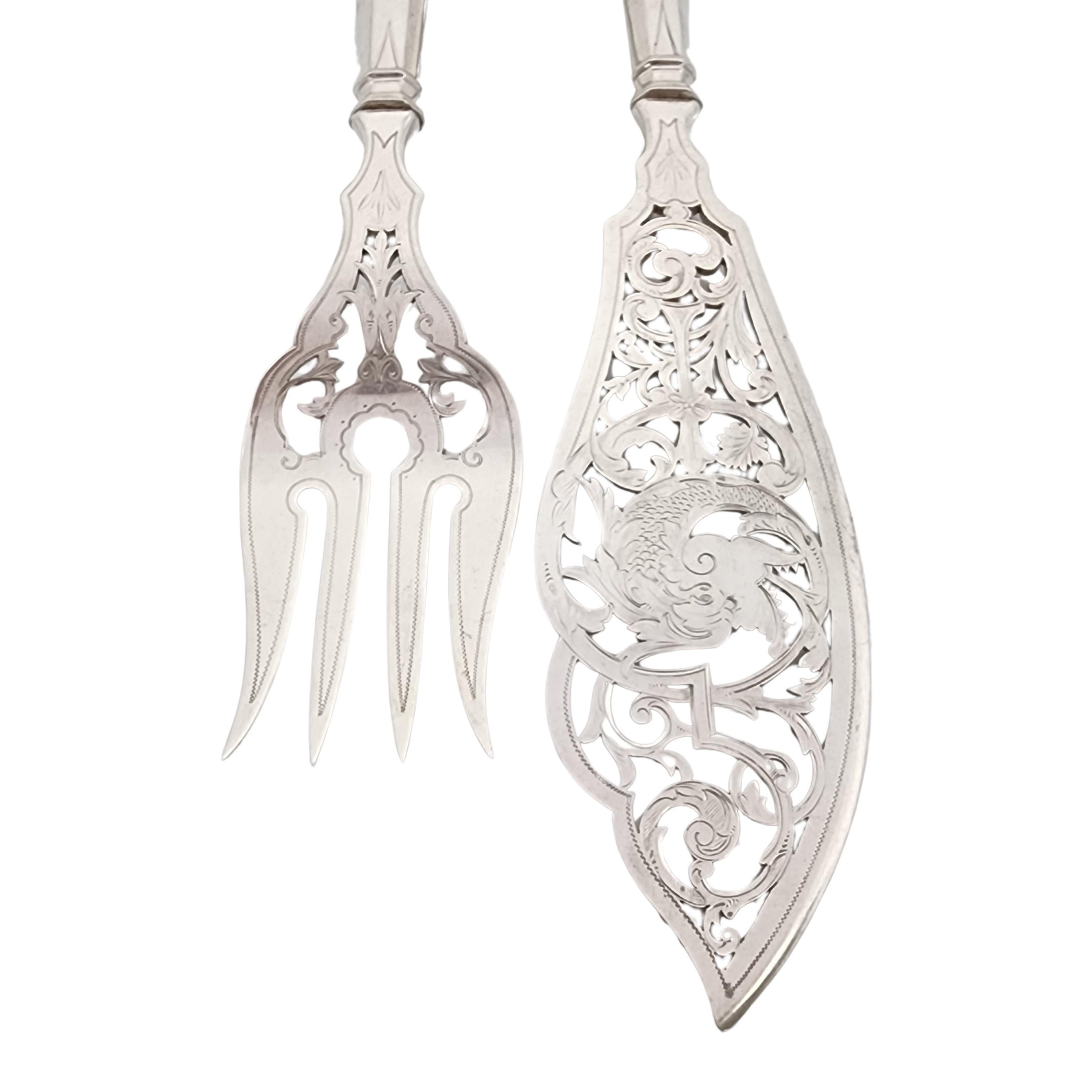 da uomo o donna Antico set di forchette e coltelli JA van Kempen Dutch 833 Silver Fish Serving Set #15657 in vendita