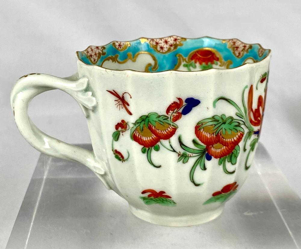 Porcelain Antique Jabberwocky Pattern Cup and Saucer First Period Worcester Circa 1770