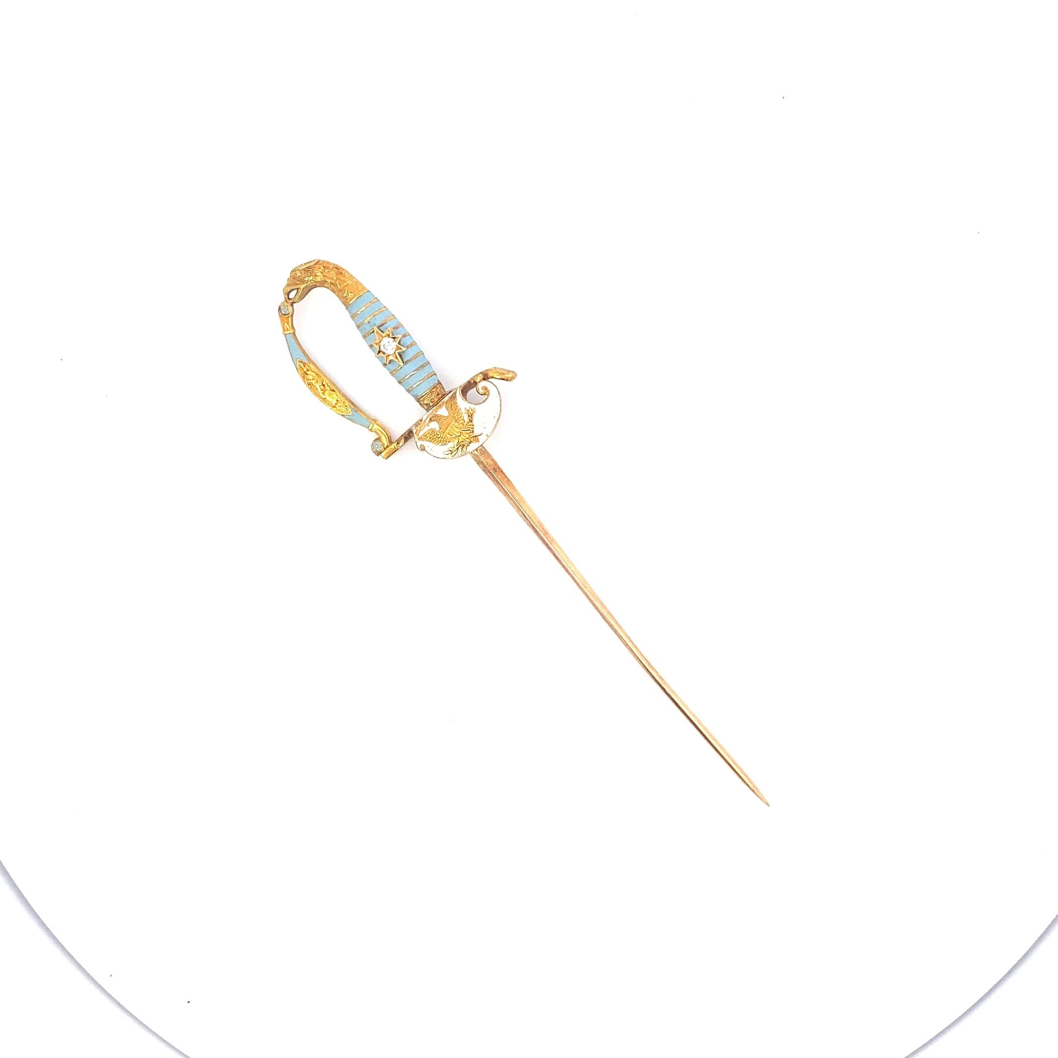 A classic Jabot Pin from the mid-19th century. This one is over four inches of incredible 18k yellow gold craftsmanship. <br />The hilt and accents of the 18k gold jabot are made from a gorgeous teal blue enamel as well as the image of an Eagle. <br