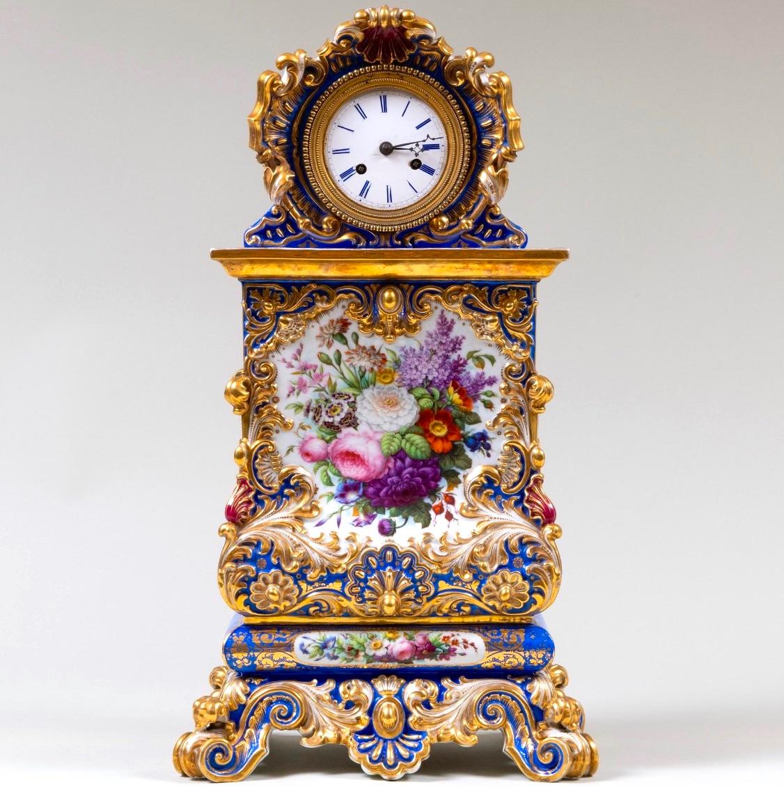 Antique Jacob Petit Blue Ground / Gilt Decorated Porcelain Clock On Fixed Stand 3