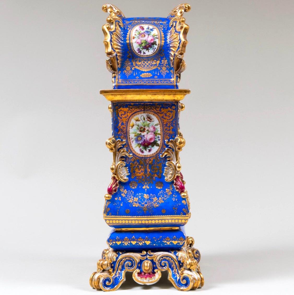 French Antique Jacob Petit Blue Ground / Gilt Decorated Porcelain Clock On Fixed Stand