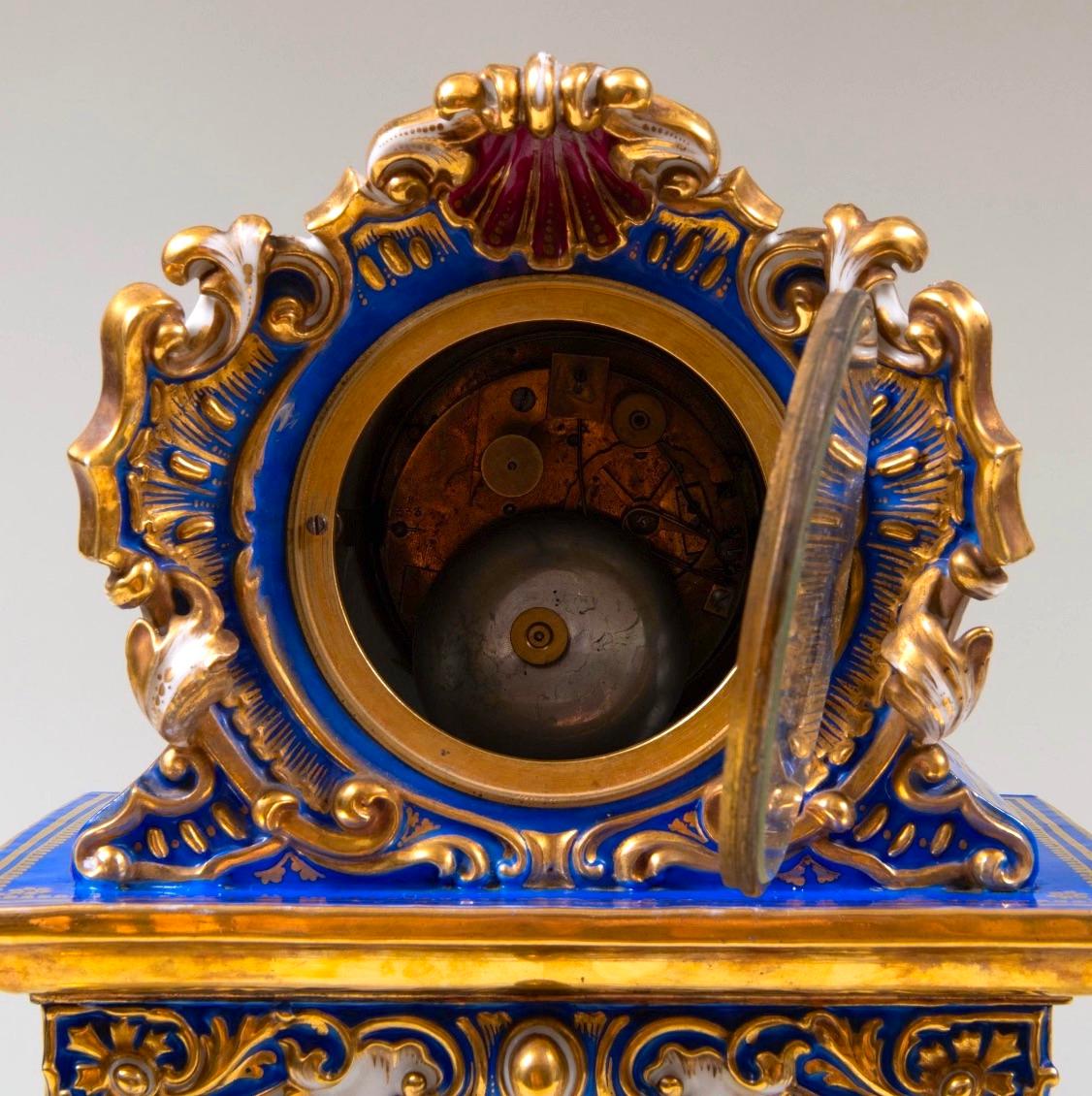 Antique Jacob Petit Blue Ground / Gilt Decorated Porcelain Clock On Fixed Stand In Good Condition In Tarry Town, NY