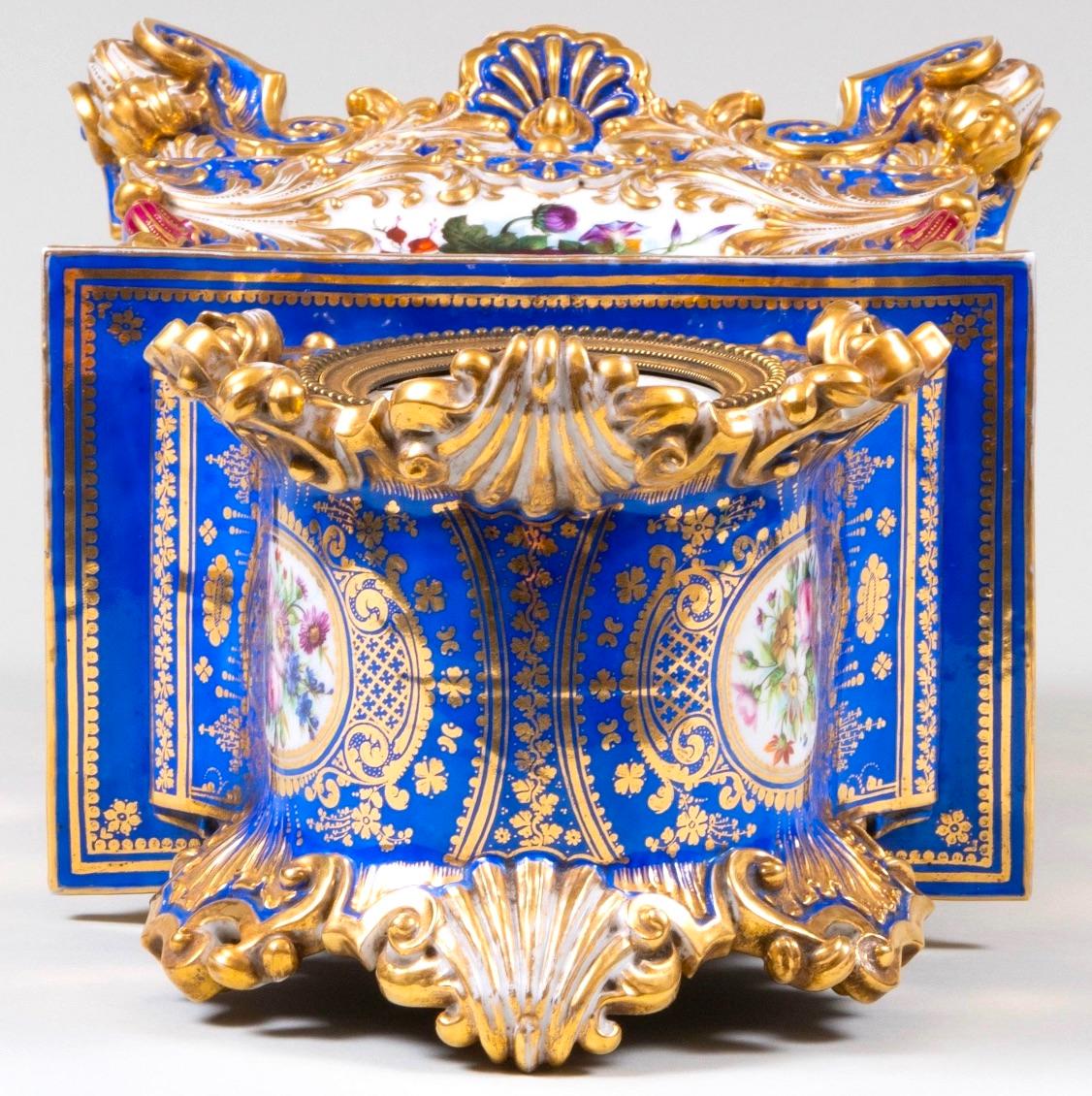 Early 19th Century Antique Jacob Petit Blue Ground / Gilt Decorated Porcelain Clock On Fixed Stand