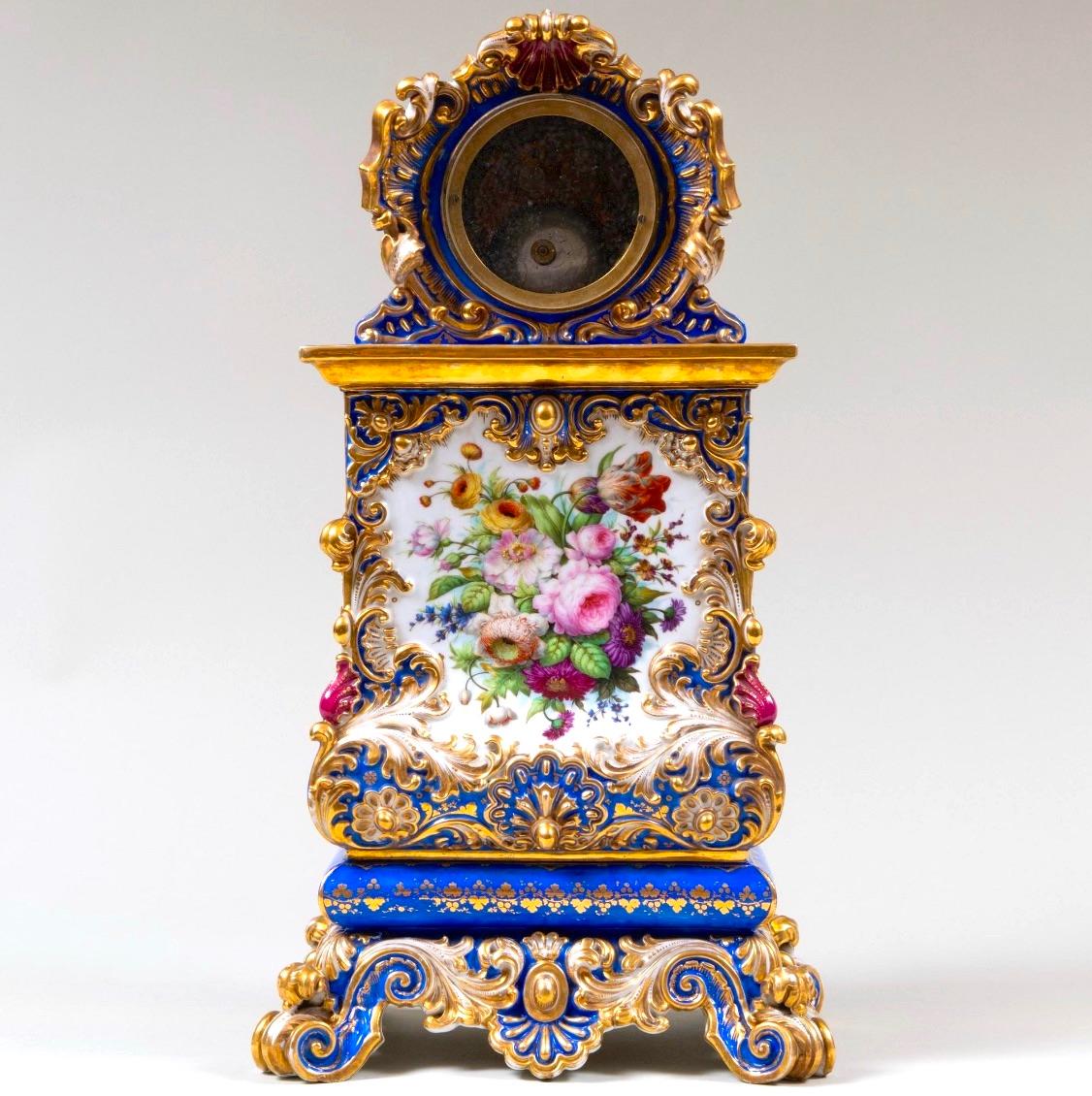 Antique Jacob Petit Blue Ground / Gilt Decorated Porcelain Clock On Fixed Stand 2