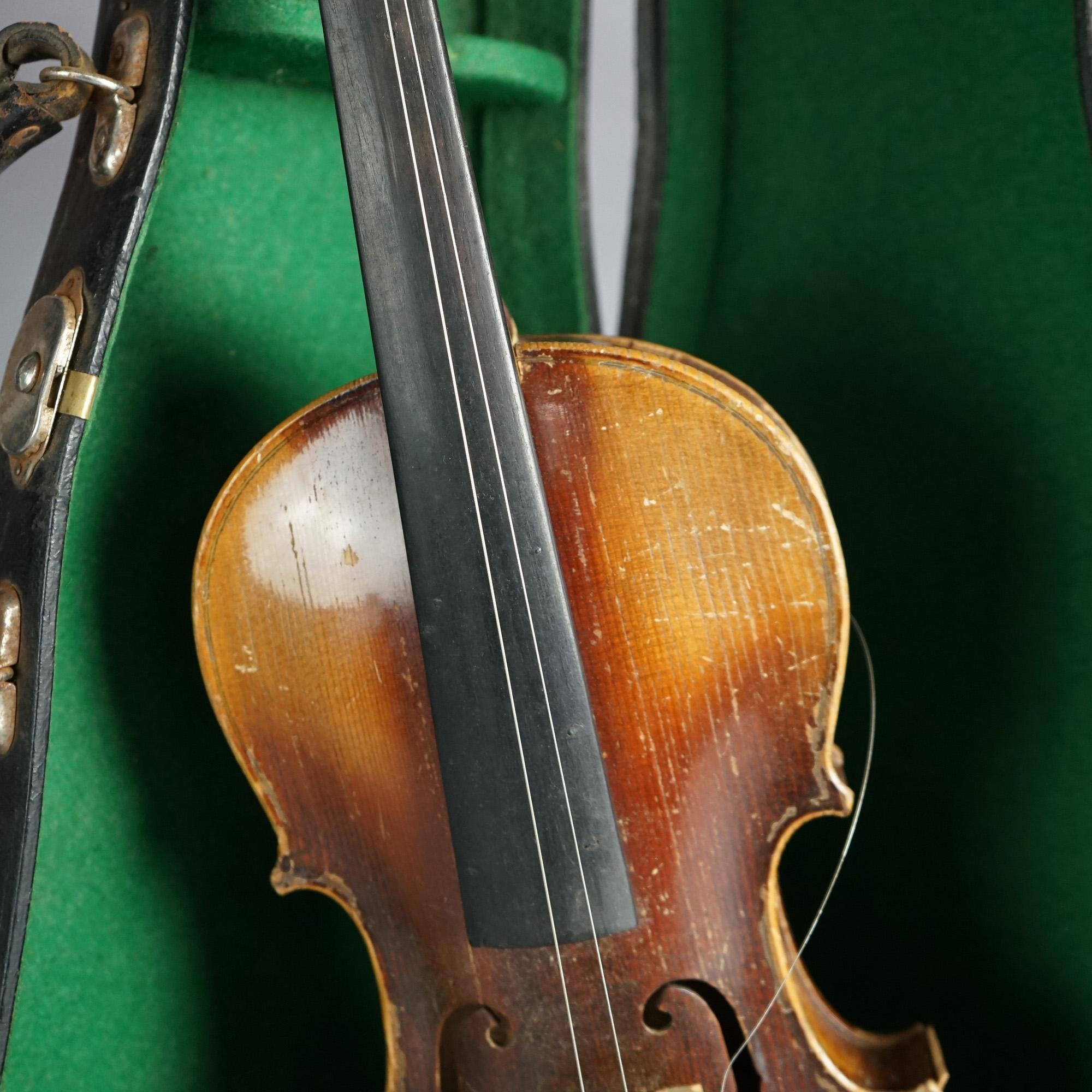 Wood Antique Jacob Strainer Violin, Bow & Case, 19th C For Sale
