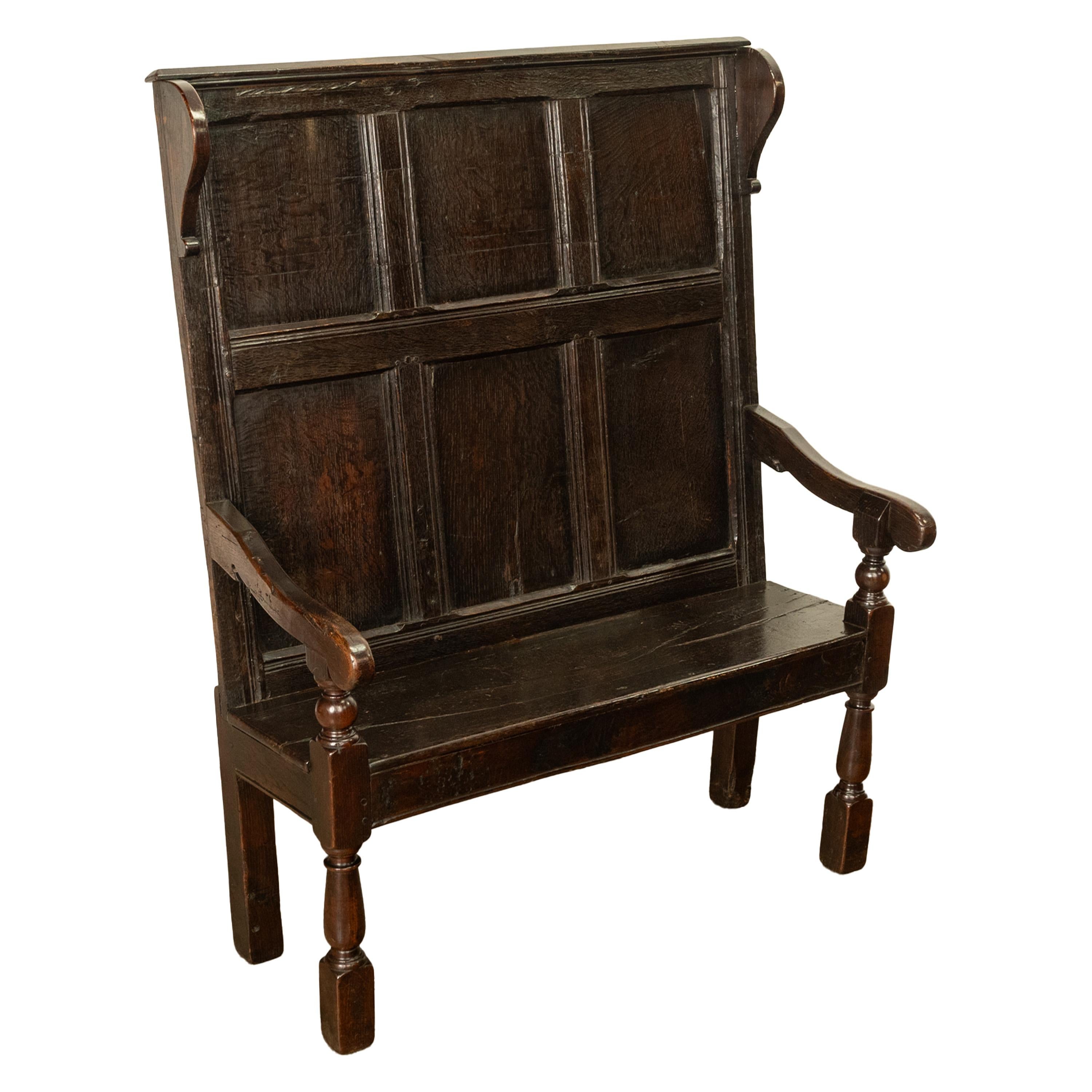 Antique Jacobean 17th Century Oak Settle Bench Shakespeare Ann Hathaway 1610 In Good Condition In Portland, OR