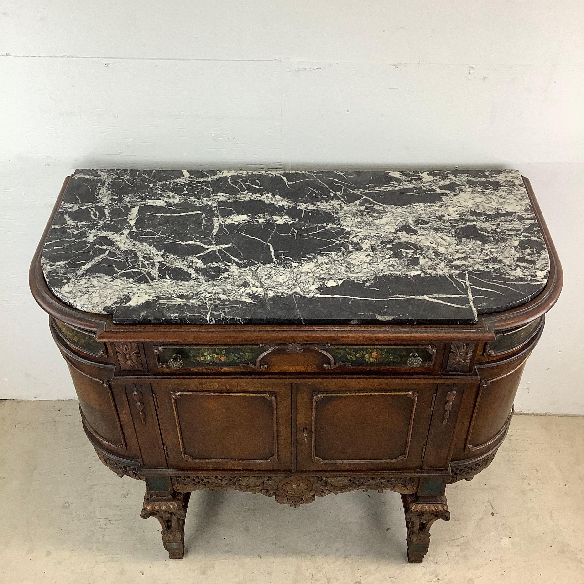 Antique Jacobean Buffet Sideboard With Marble Top In Good Condition In Trenton, NJ