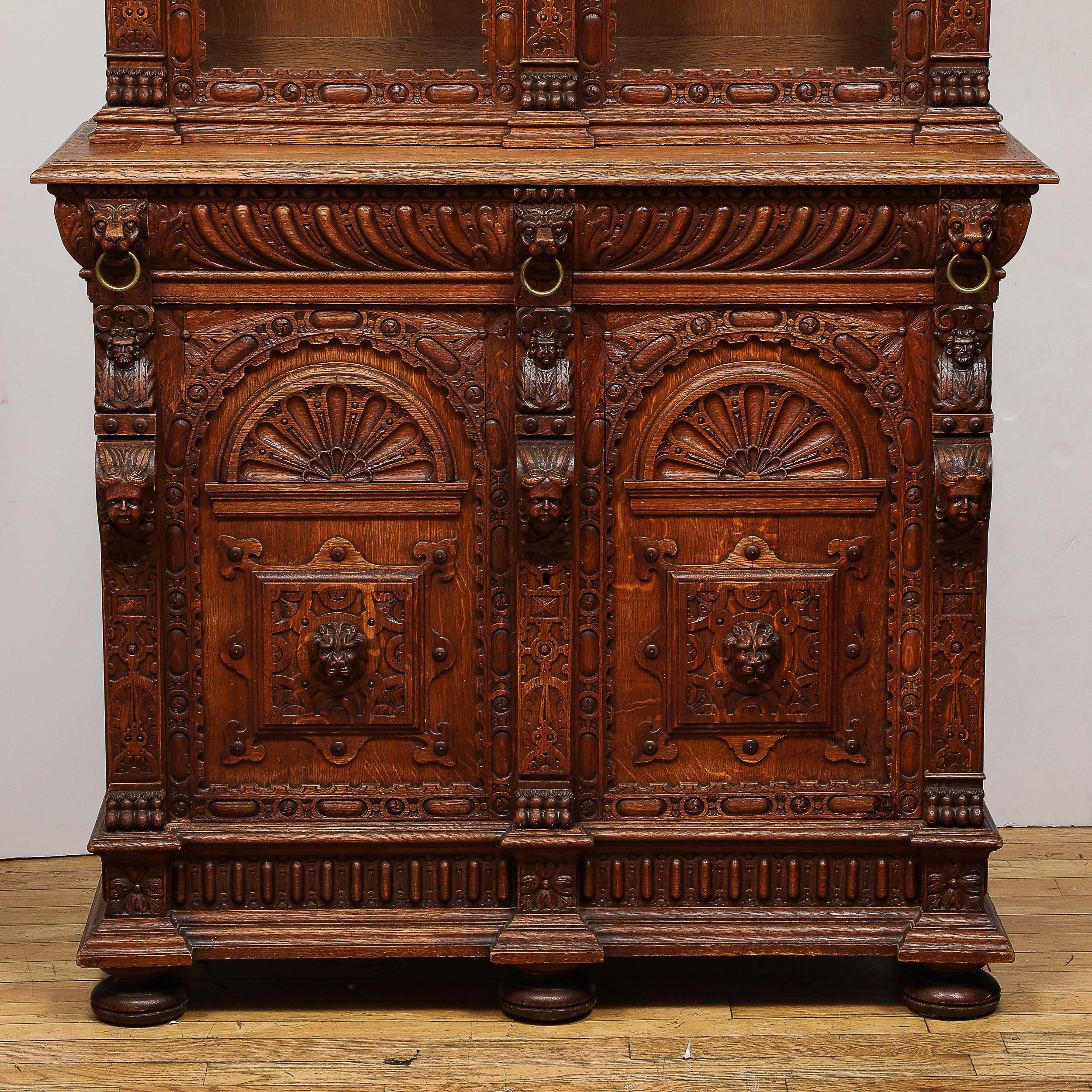 American Antique Jacobean Carved Oak  Cabinet For Sale