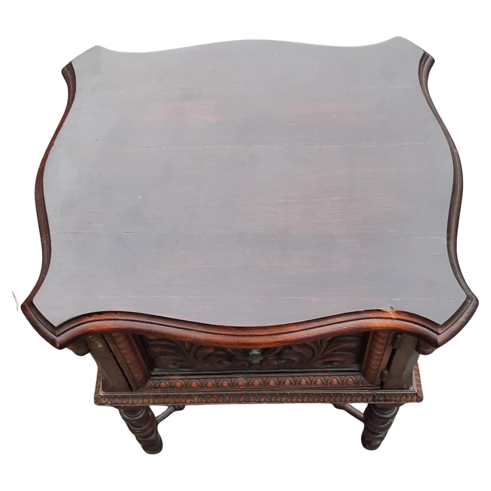 Hand-Carved Antique Jacobean Carved Walnut Side Table Nightstand w Copper Lining, C. 1920s
