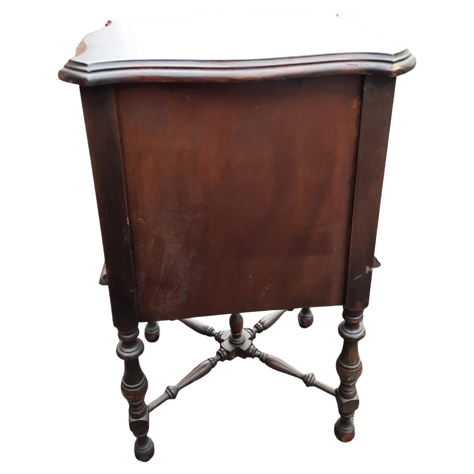 Antique Jacobean Carved Walnut Side Table Nightstand w Copper Lining, C. 1920s In Good Condition In Germantown, MD