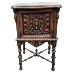 Antique Jacobean Carved Walnut Side Table Nightstand w Copper Lining, C. 1920s