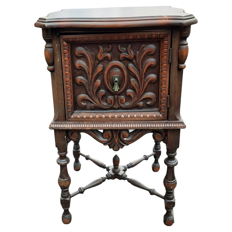 Antique Jacobean Carved Walnut Side Table Nightstand w Copper Lining, C.  1920s at 1stDibs