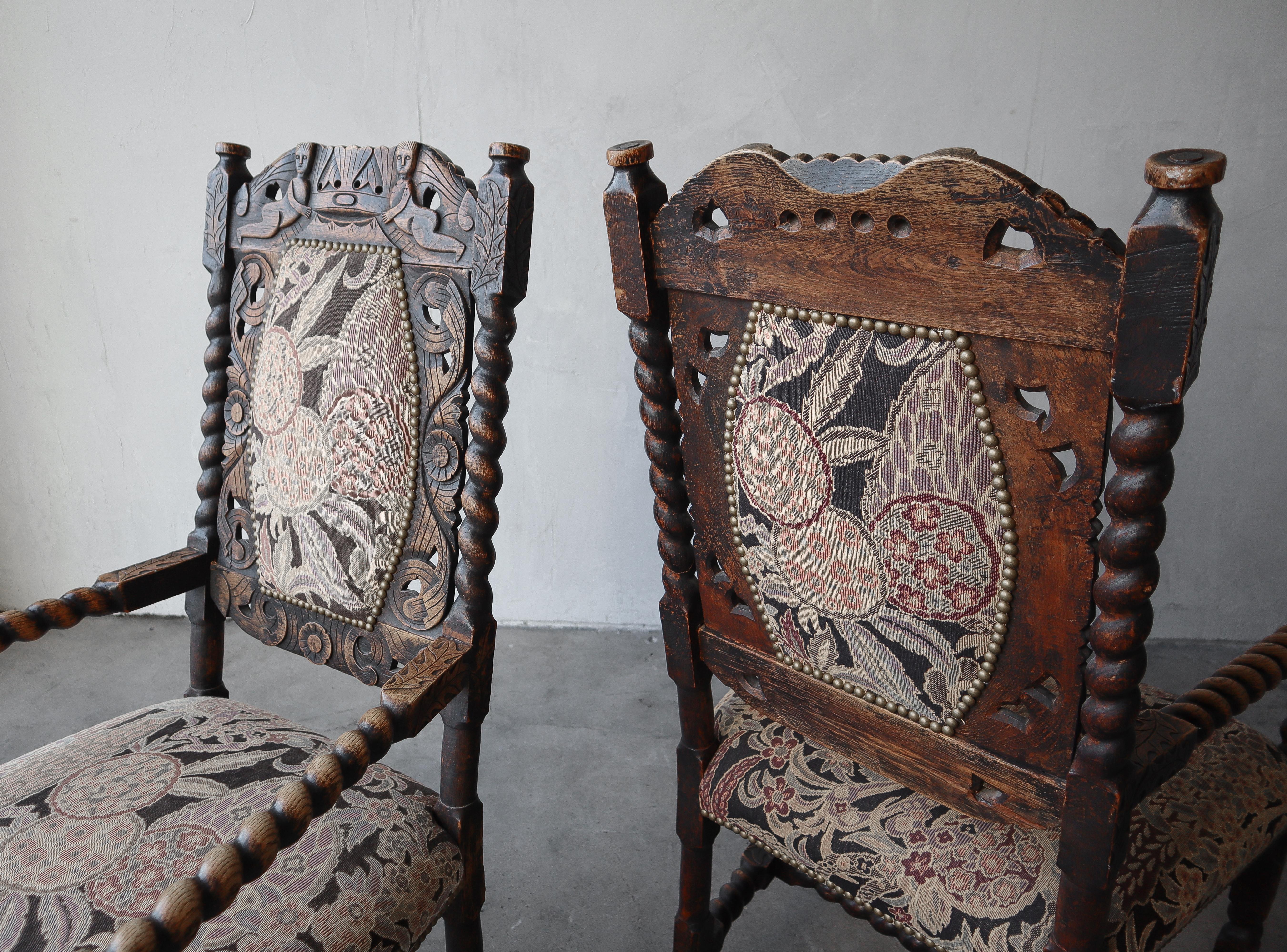 Antique Jacobean Carved Wood Arm Chairs In Good Condition For Sale In Las Vegas, NV