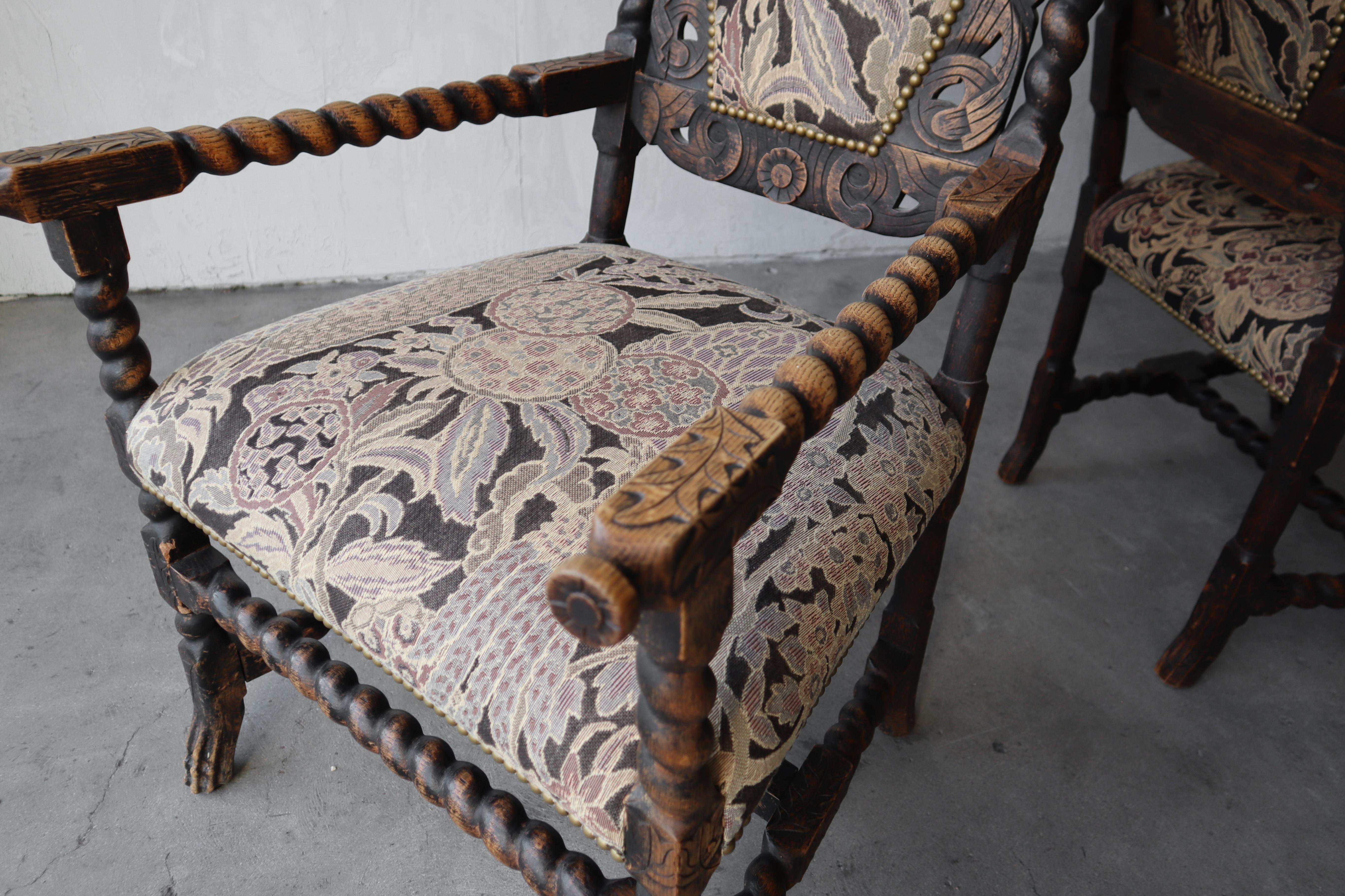20th Century Antique Jacobean Carved Wood Arm Chairs For Sale