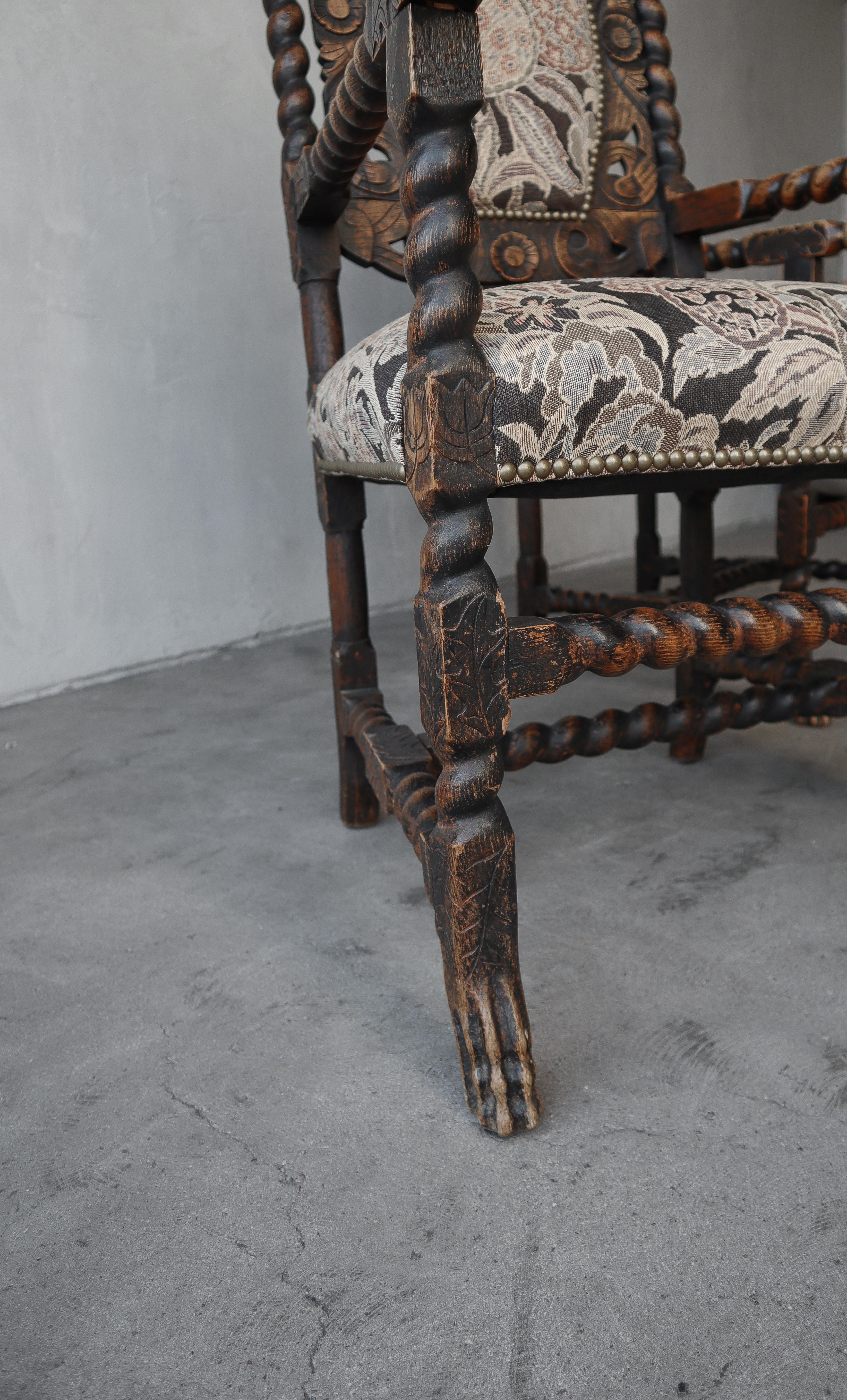Fabric Antique Jacobean Carved Wood Arm Chairs For Sale