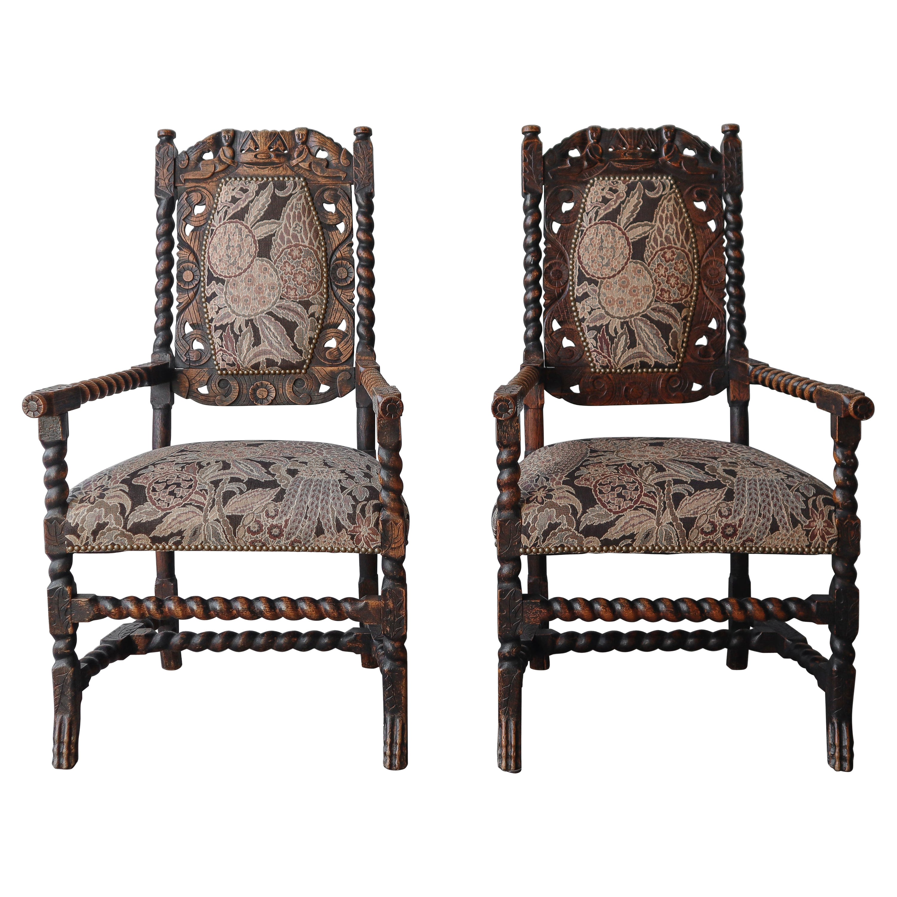 Antique Jacobean Carved Wood Arm Chairs