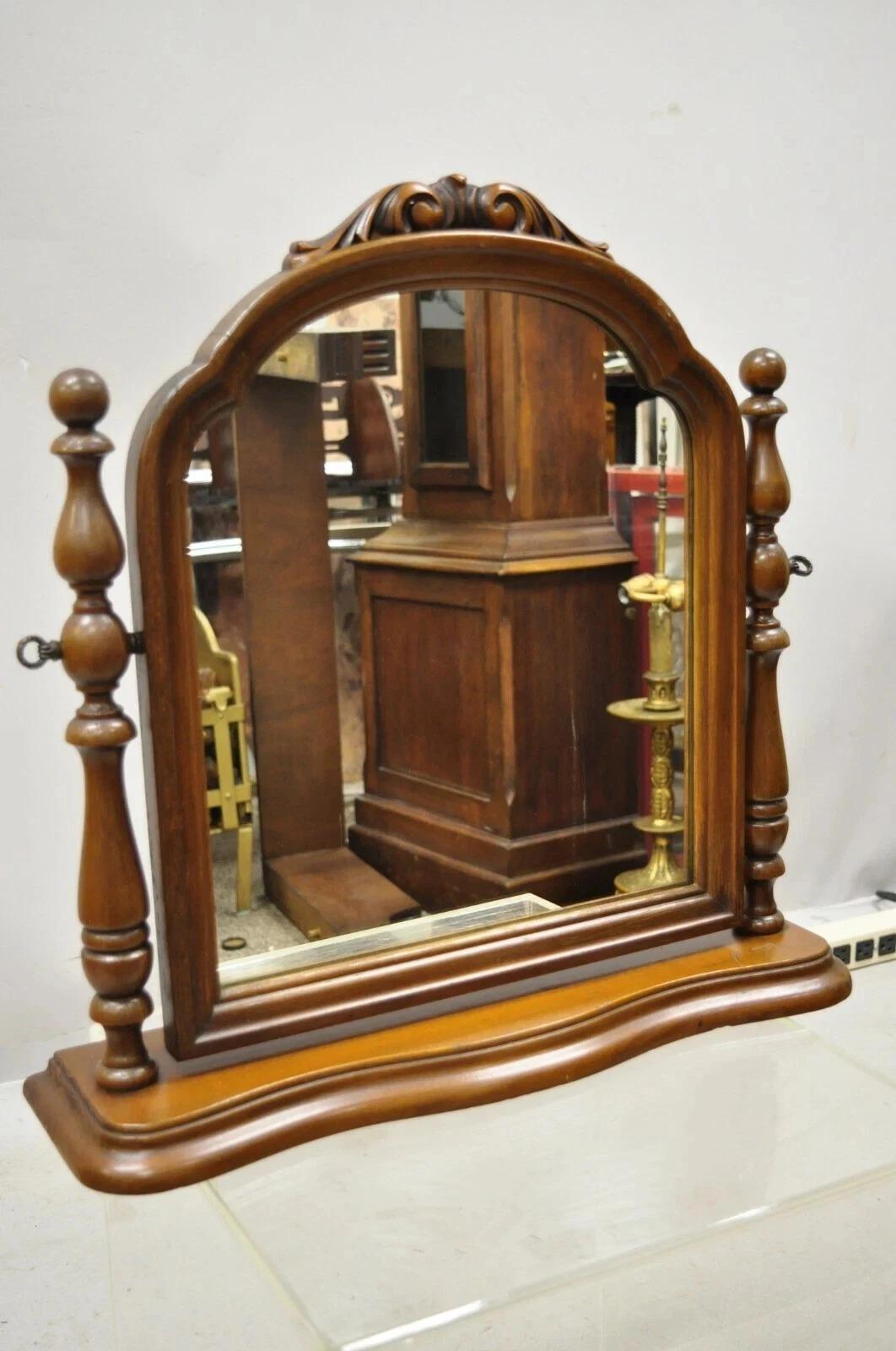Antique Jacobean Depression Era Walnut Vanity Dresser Pivoting Shaving Mirror. Circa Early 20th Century. Measurements: Overall: 21