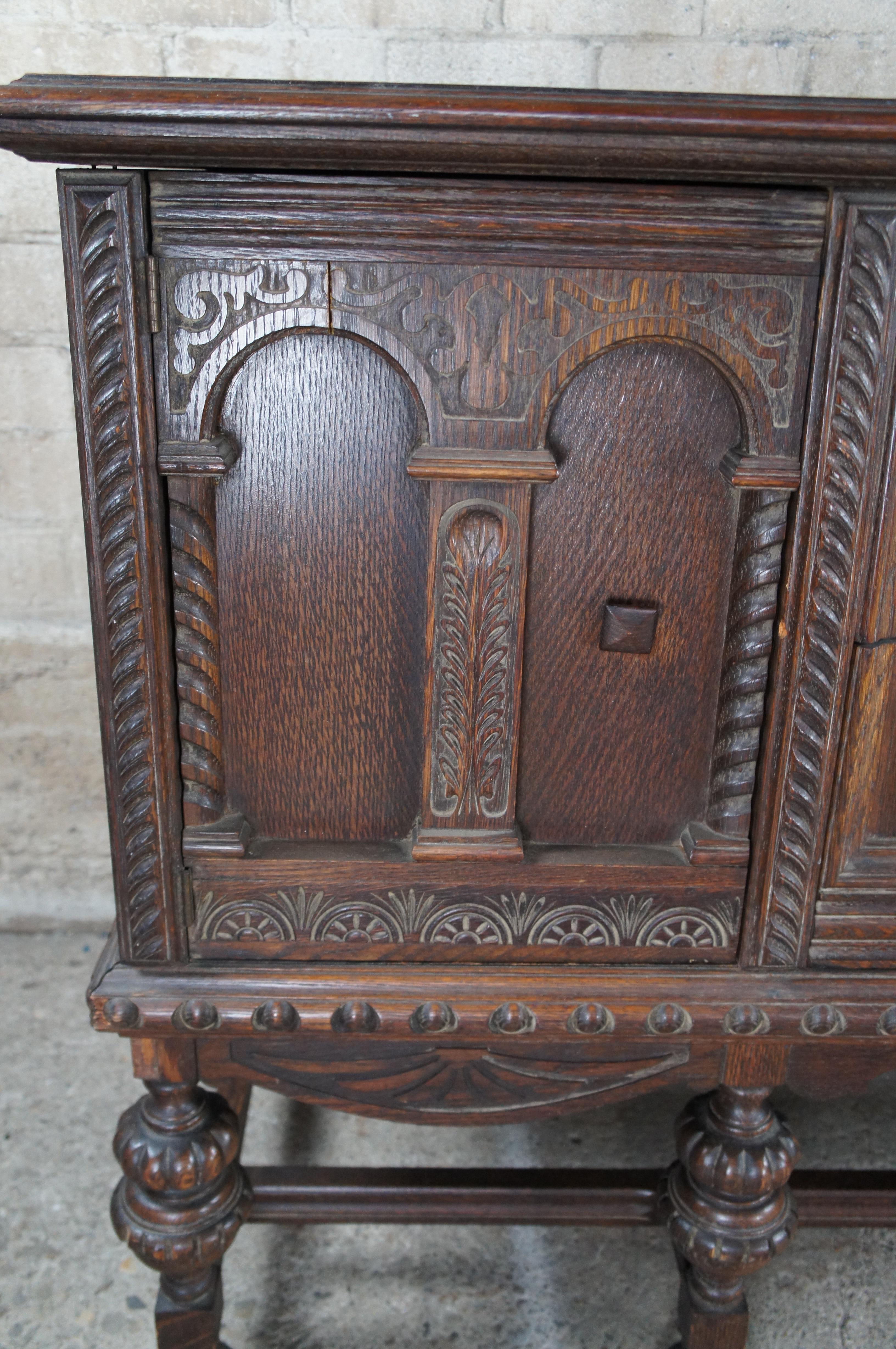 Antique Jacobean English Revival Carved Oak Buffet Sideboard Server Credenza For Sale 7