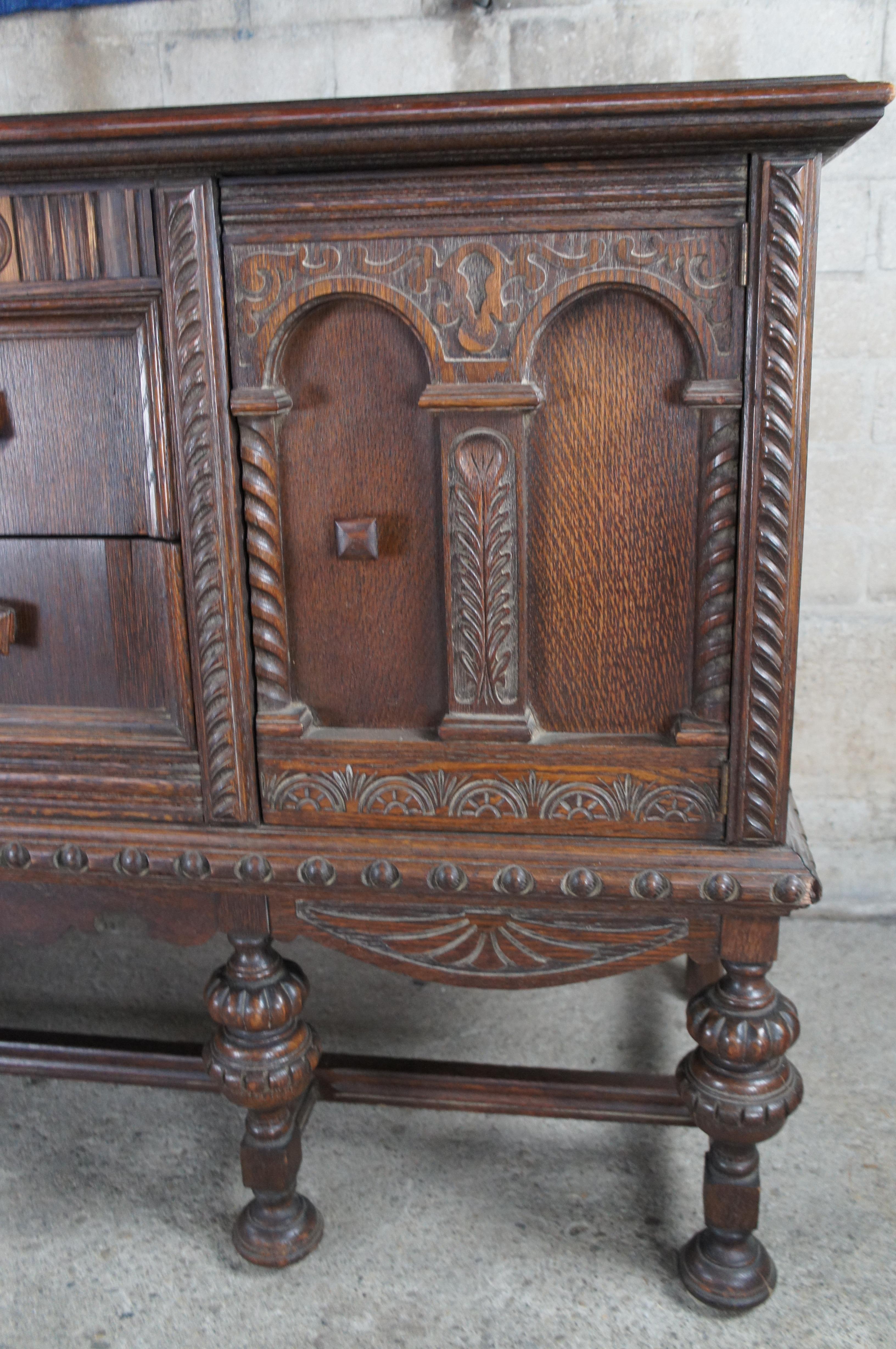 Antique Jacobean English Revival Carved Oak Buffet Sideboard Server Credenza For Sale 8