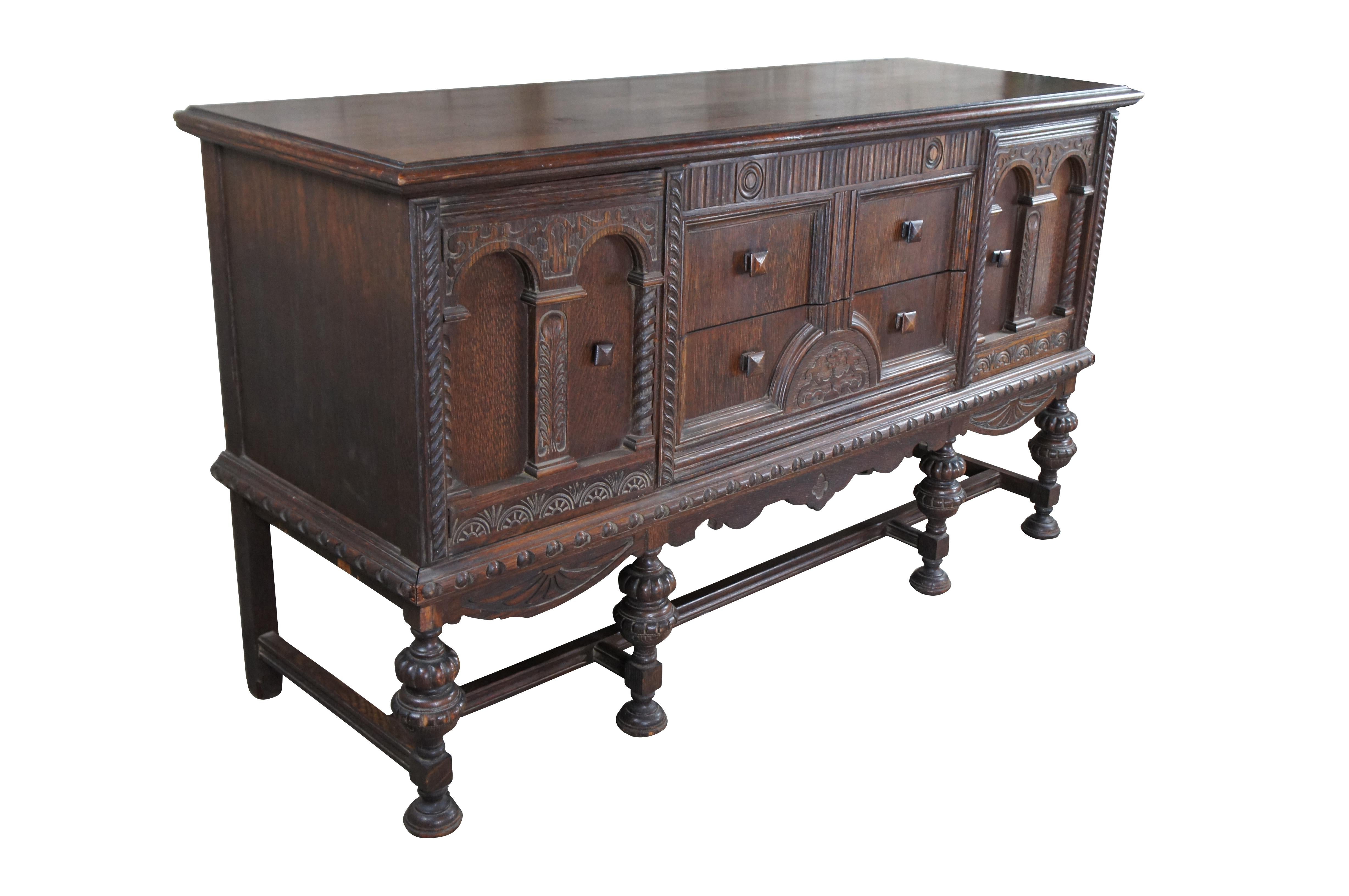 Antique Jacobean English Revival Carved Oak Buffet Sideboard Server Credenza In Good Condition In Dayton, OH