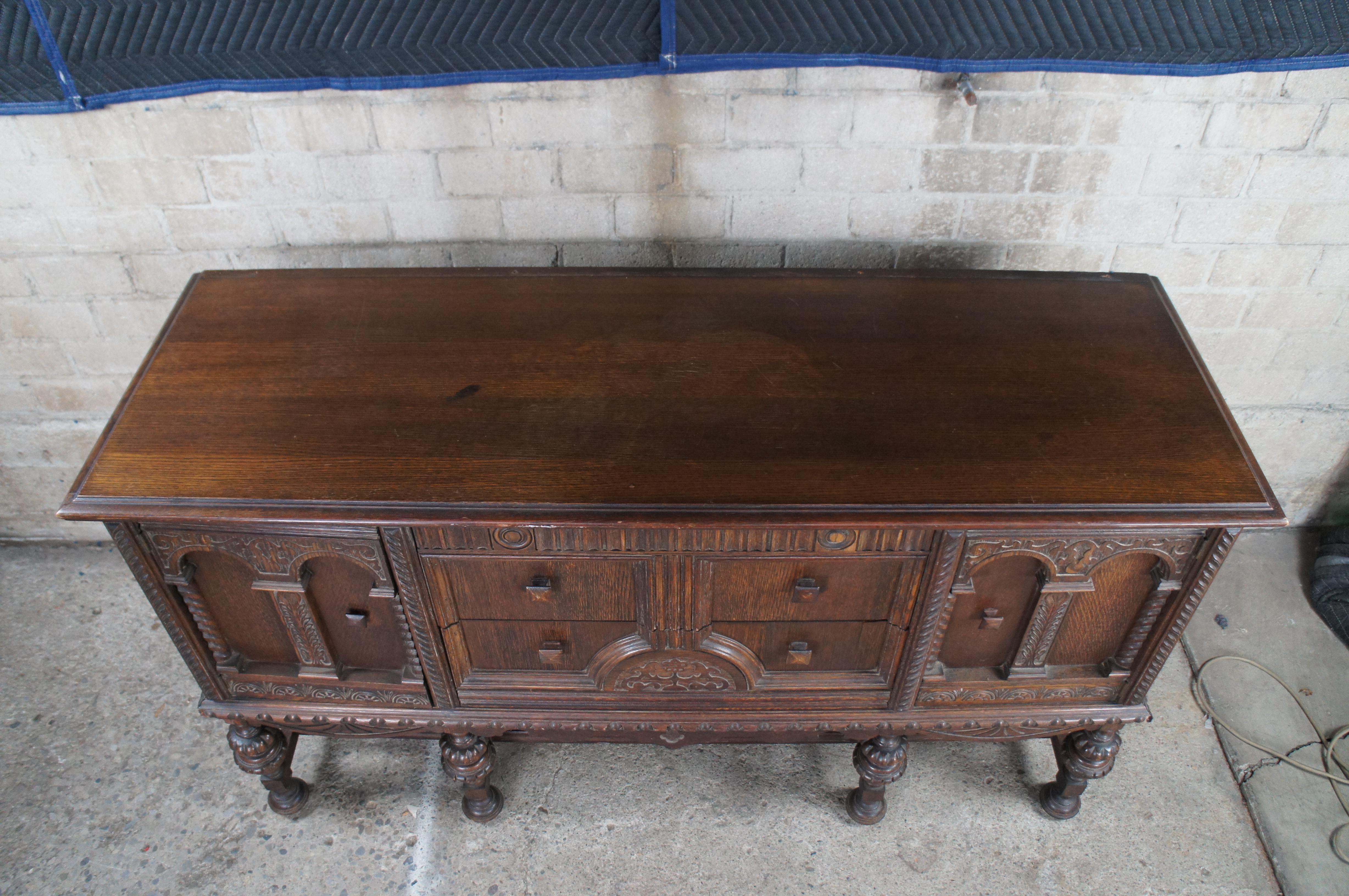 Mid-20th Century Antique Jacobean English Revival Carved Oak Buffet Sideboard Server Credenza