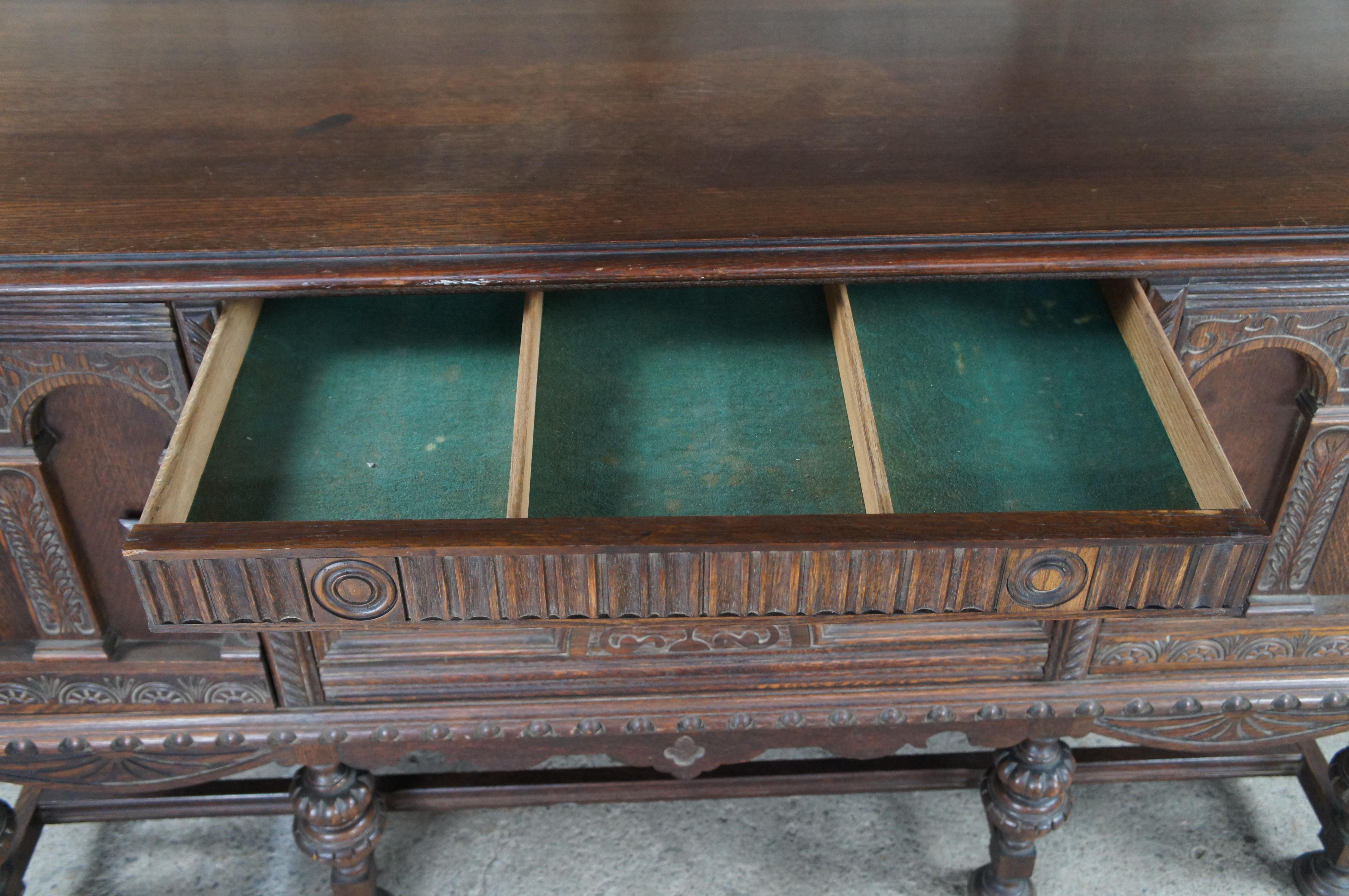 Antique Jacobean English Revival Carved Oak Buffet Sideboard Server Credenza For Sale 1