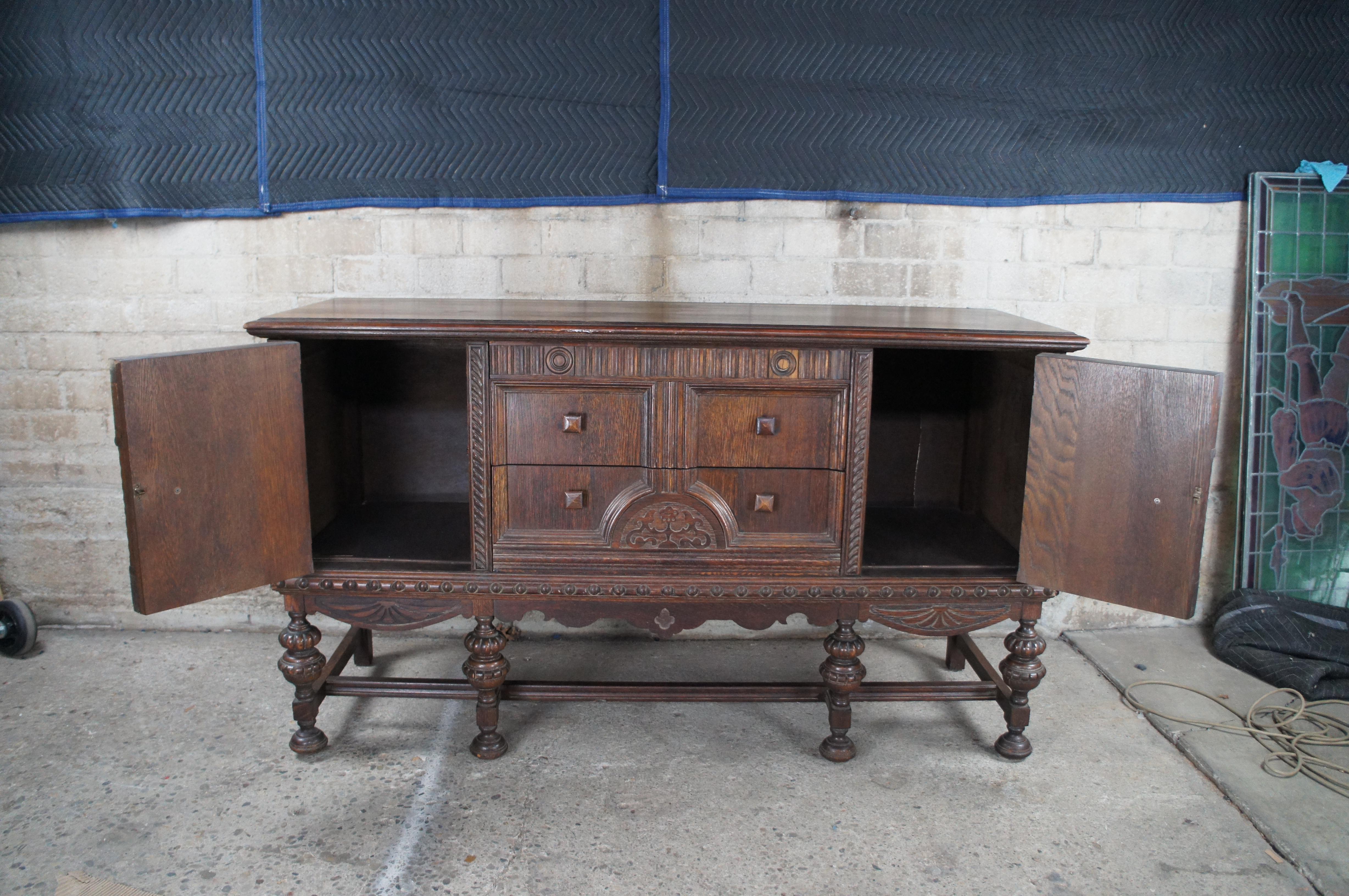 Antique Jacobean English Revival Carved Oak Buffet Sideboard Server Credenza For Sale 2