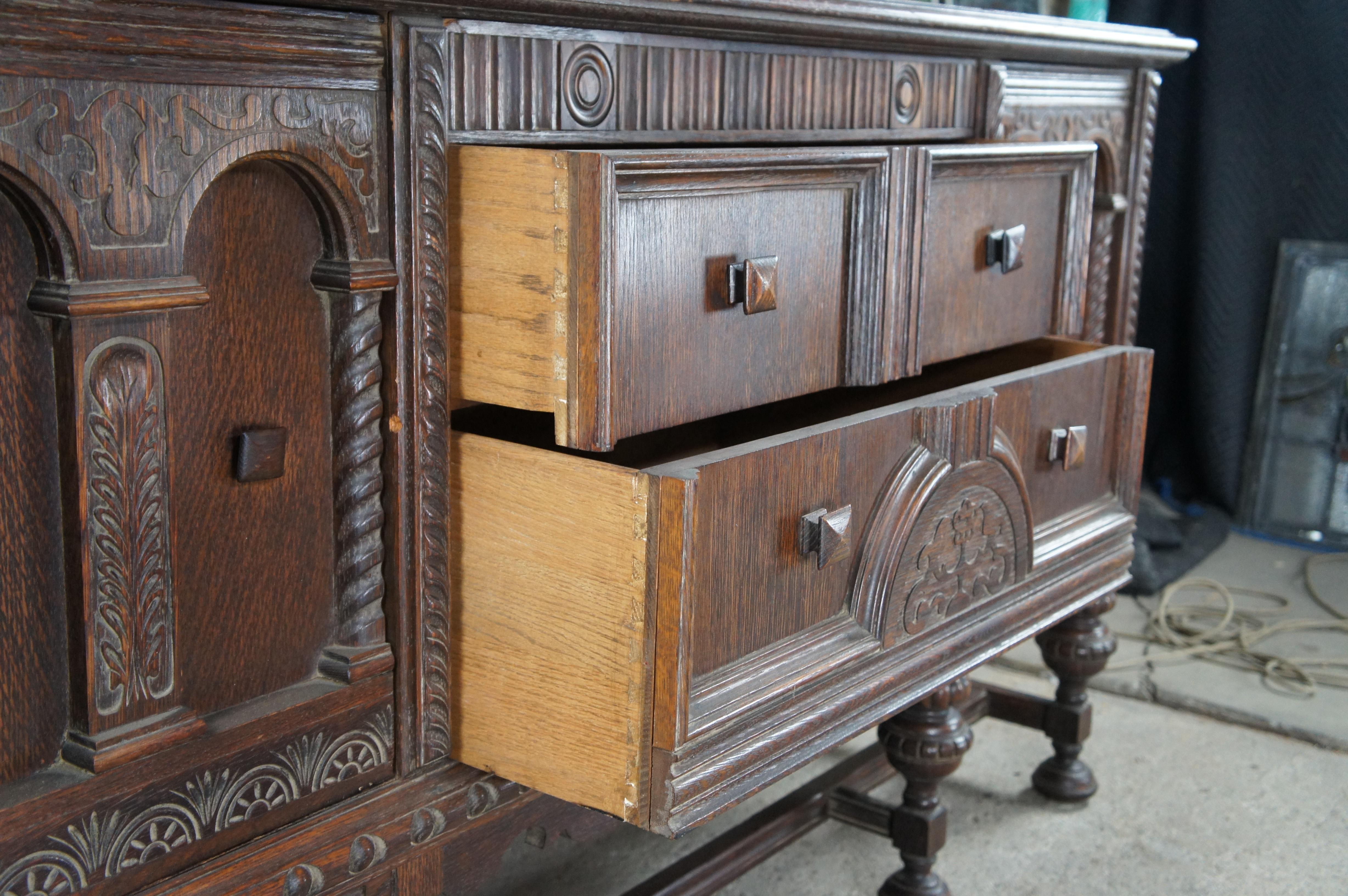 Antique Jacobean English Revival Carved Oak Buffet Sideboard Server Credenza For Sale 3