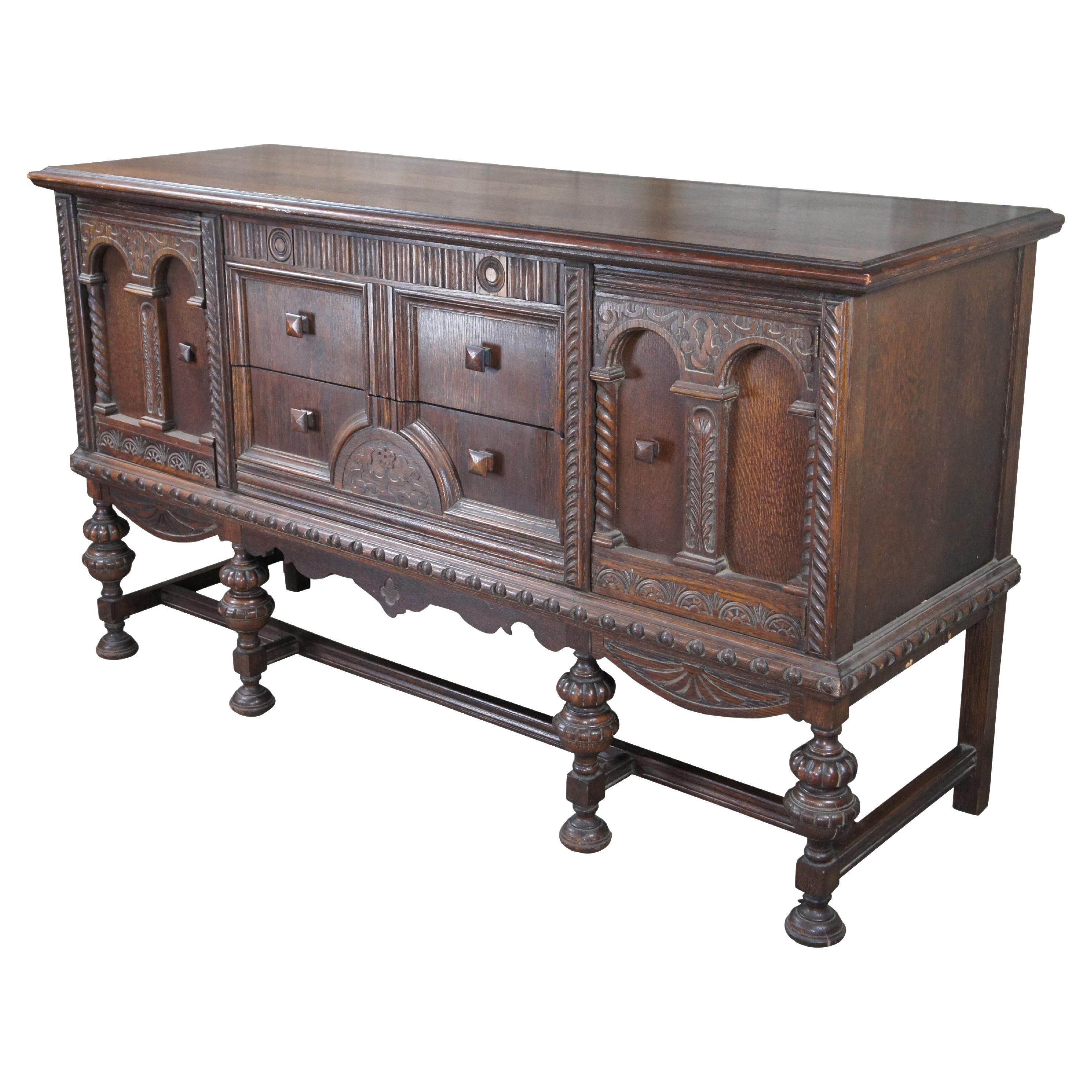 Antique Jacobean English Revival Carved Oak Buffet Sideboard Server Credenza For Sale