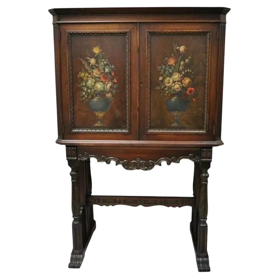 Antiguo Armario con Puerta Ciega de Nogal Tallado y Pintado a Mano Floral Jacobeo