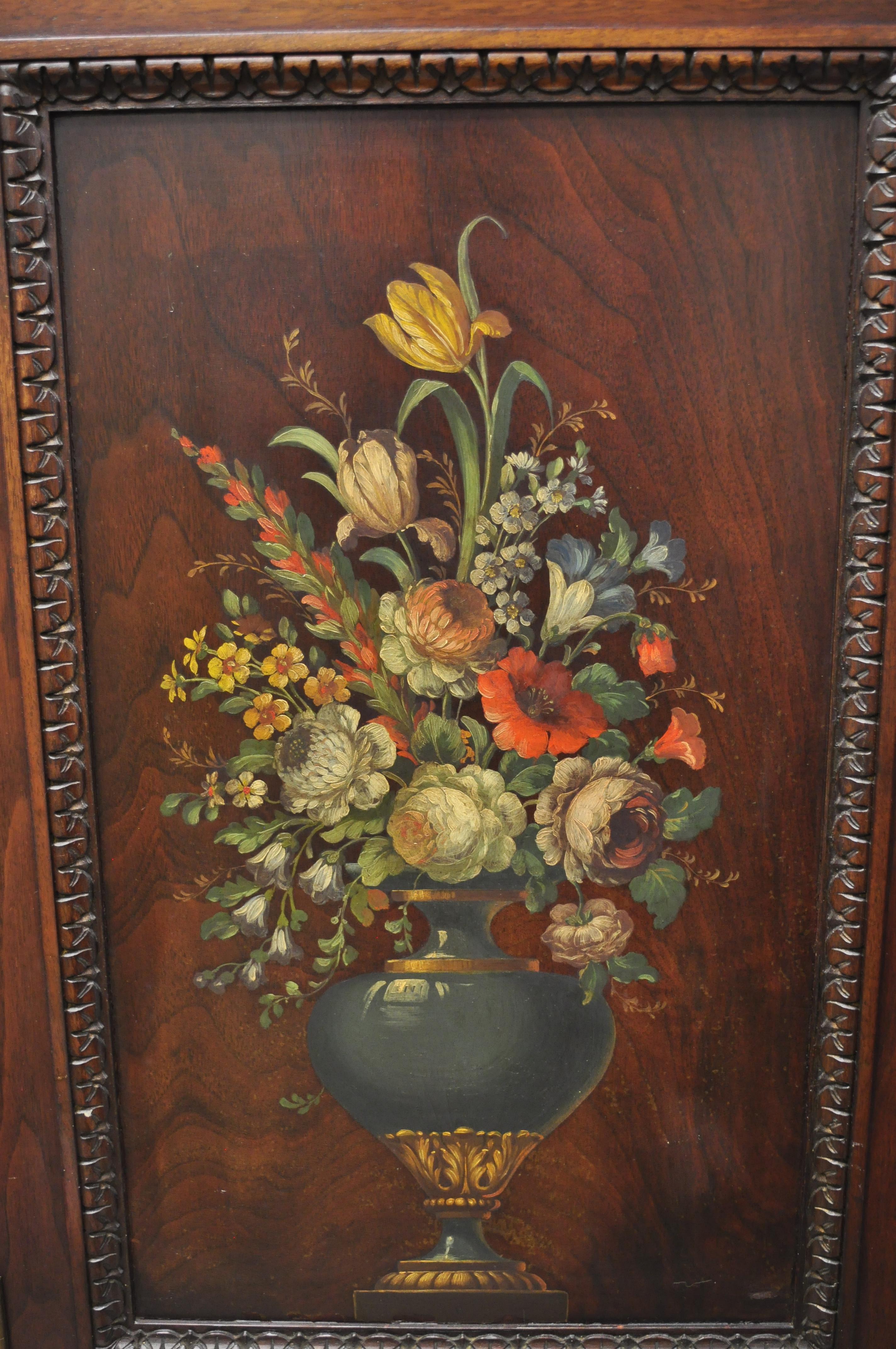 Antique Jacobean Floral Hand Painted Carved Walnut Blind Door Cupboard Cabinet en vente 3