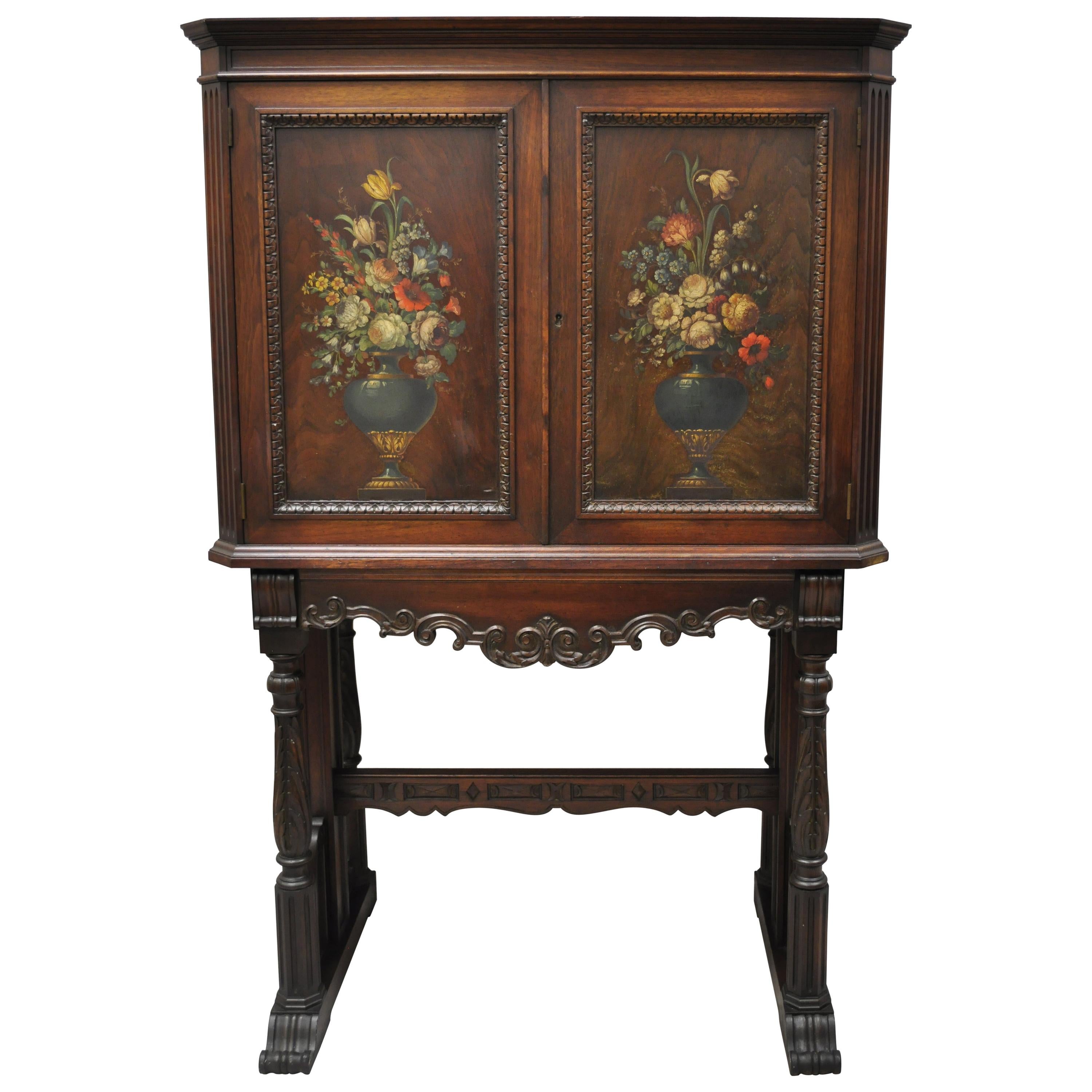 Antique Jacobean Floral Hand Painted Carved Walnut Blind Door Cupboard Cabinet en vente