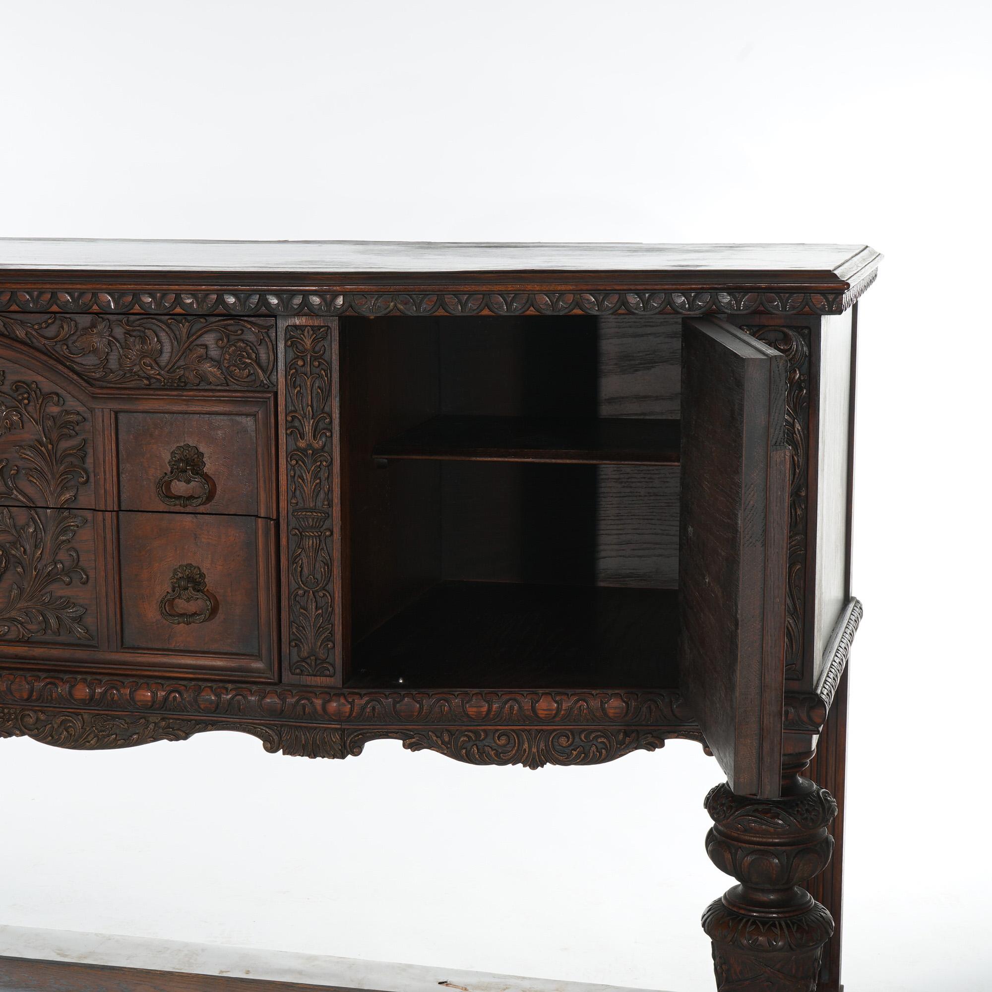 Antique Jacobean Foliate Carved Oak & Walnut Sideboard C1900 7