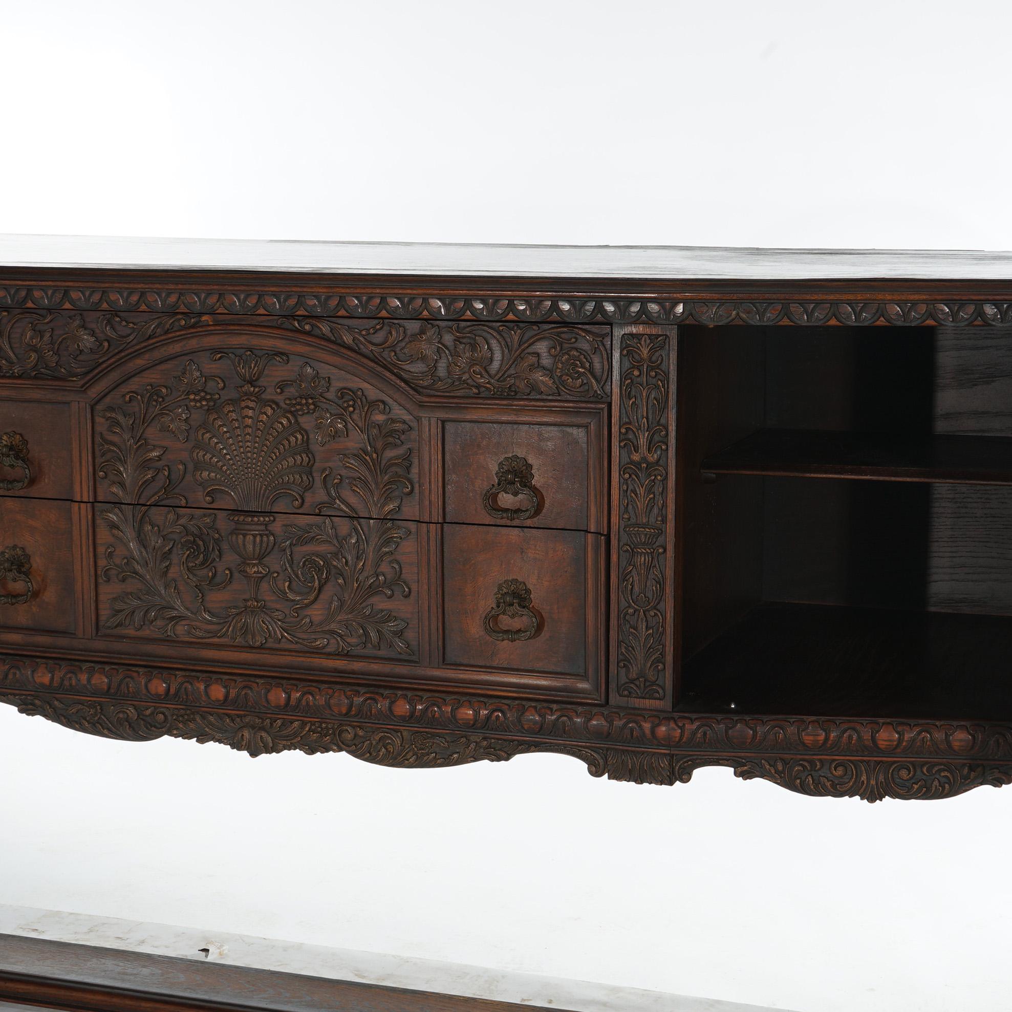 Antique Jacobean Foliate Carved Oak & Walnut Sideboard C1900 For Sale 8