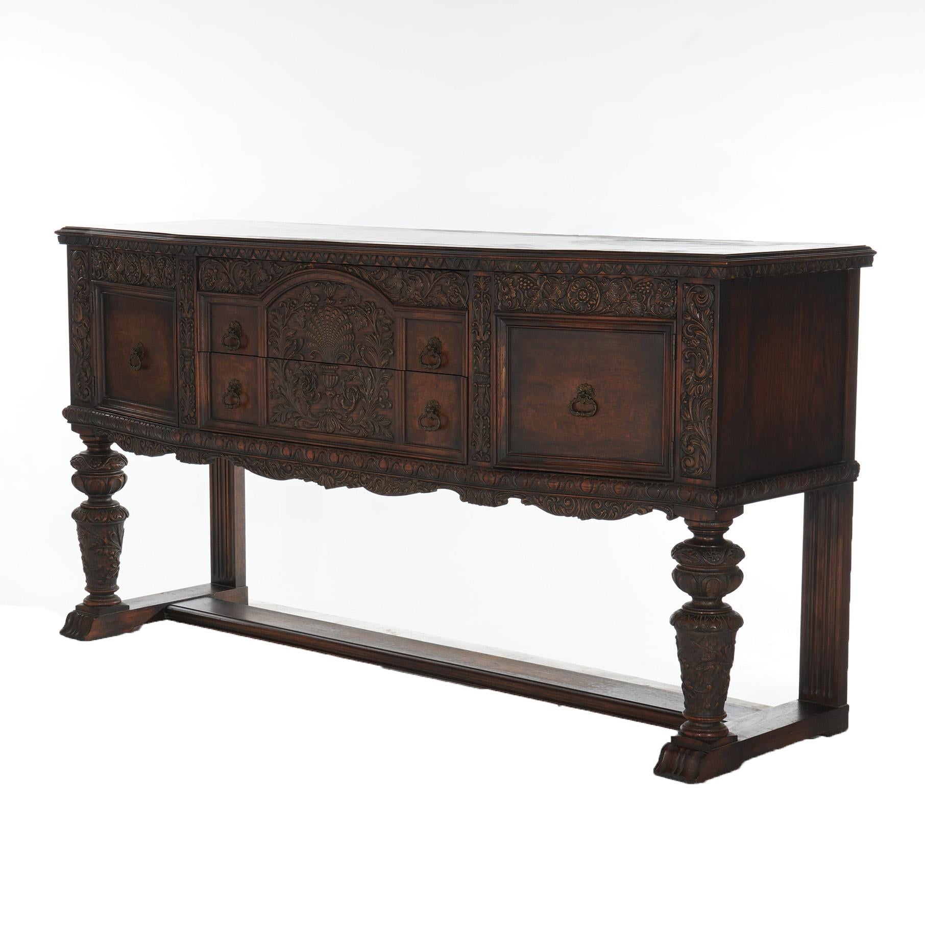 Antique Jacobean Foliate Carved Oak & Walnut Sideboard C1900 14