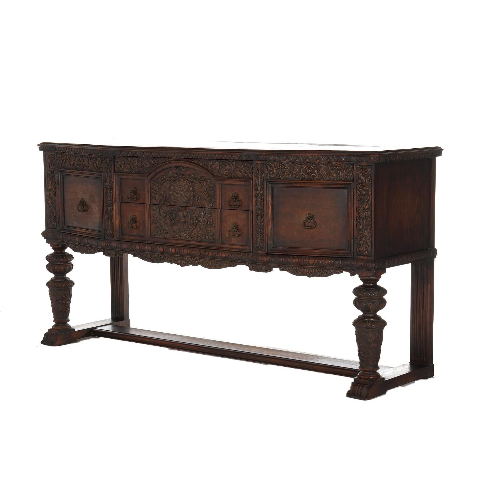 ***Ask About Reduced In-House Delivery Rates - Reliable Professional Service & Fully Insured***

Antique Jacobean Foliate & Shell Carved Oak & Walnut Sideboard with Balustrade Legs C1900

Measures - 37
