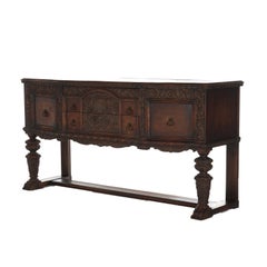 Antique Jacobean Foliate Carved Oak & Walnut Sideboard C1900