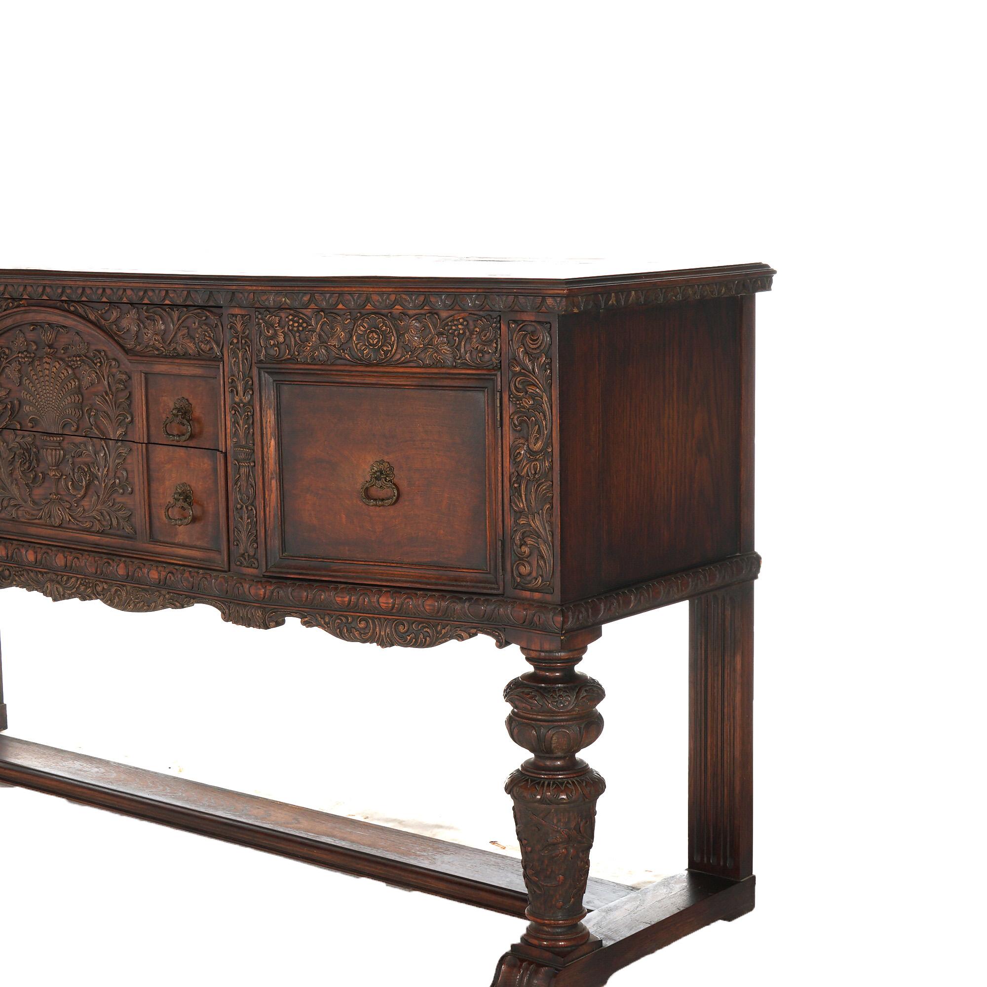 Antique Jacobean Foliate Carved Oak & Walnut Sideboard C1900 In Good Condition For Sale In Big Flats, NY