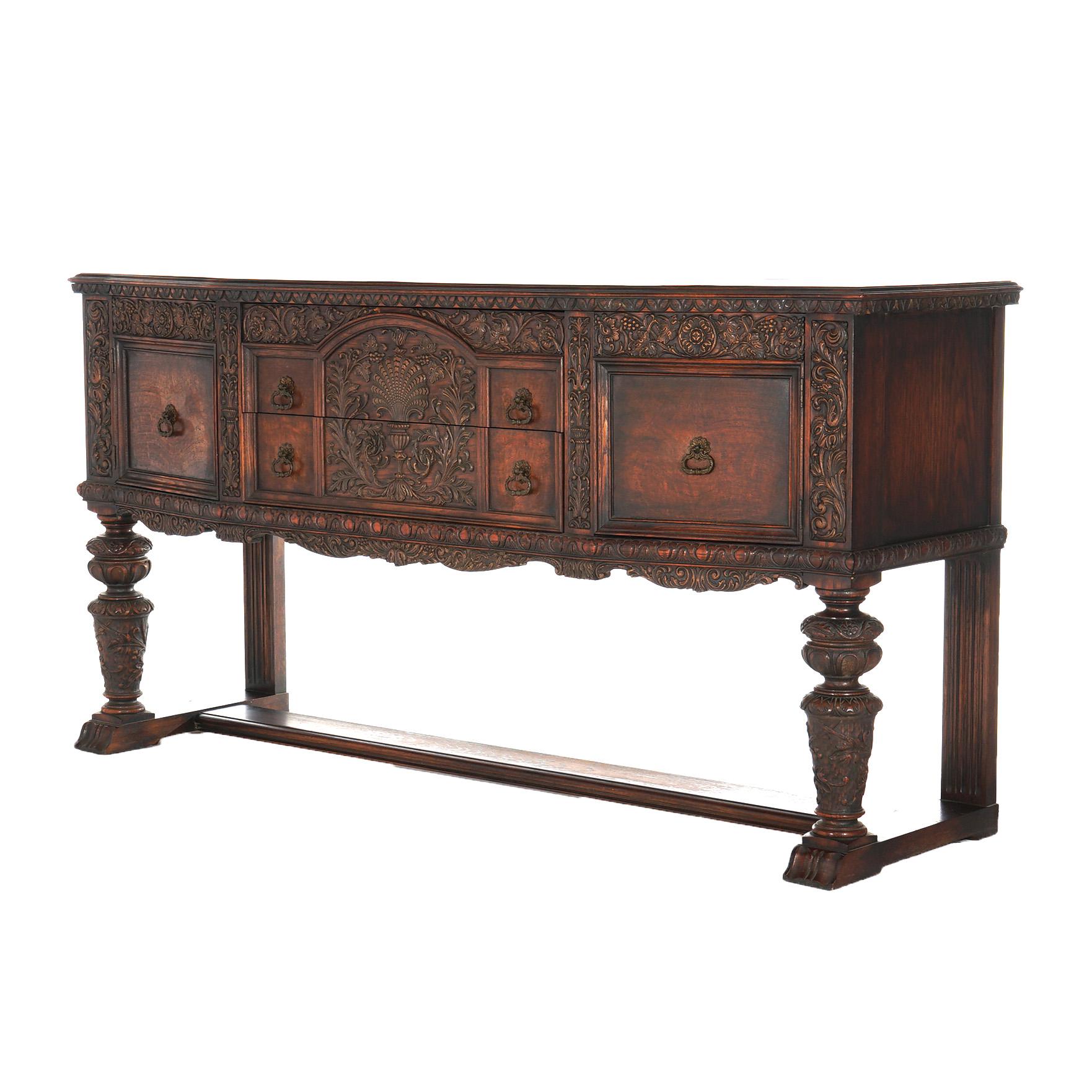 20th Century Antique Jacobean Foliate Carved Oak & Walnut Sideboard C1900
