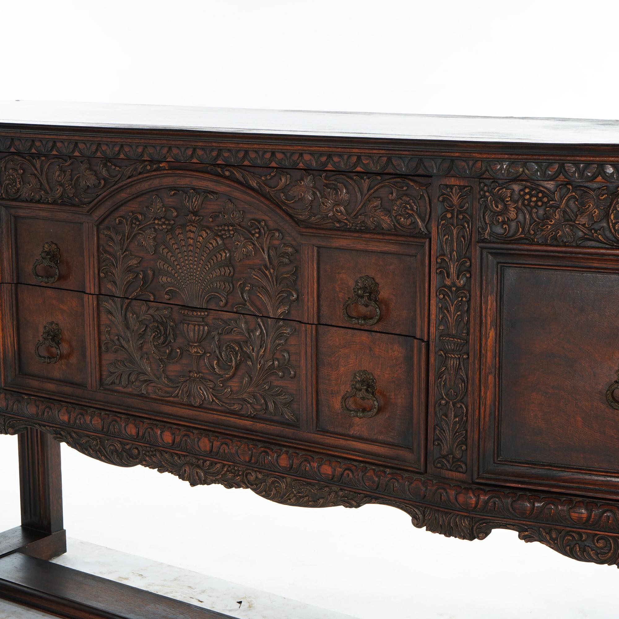 Antique Jacobean Foliate Carved Oak & Walnut Sideboard C1900 For Sale 3