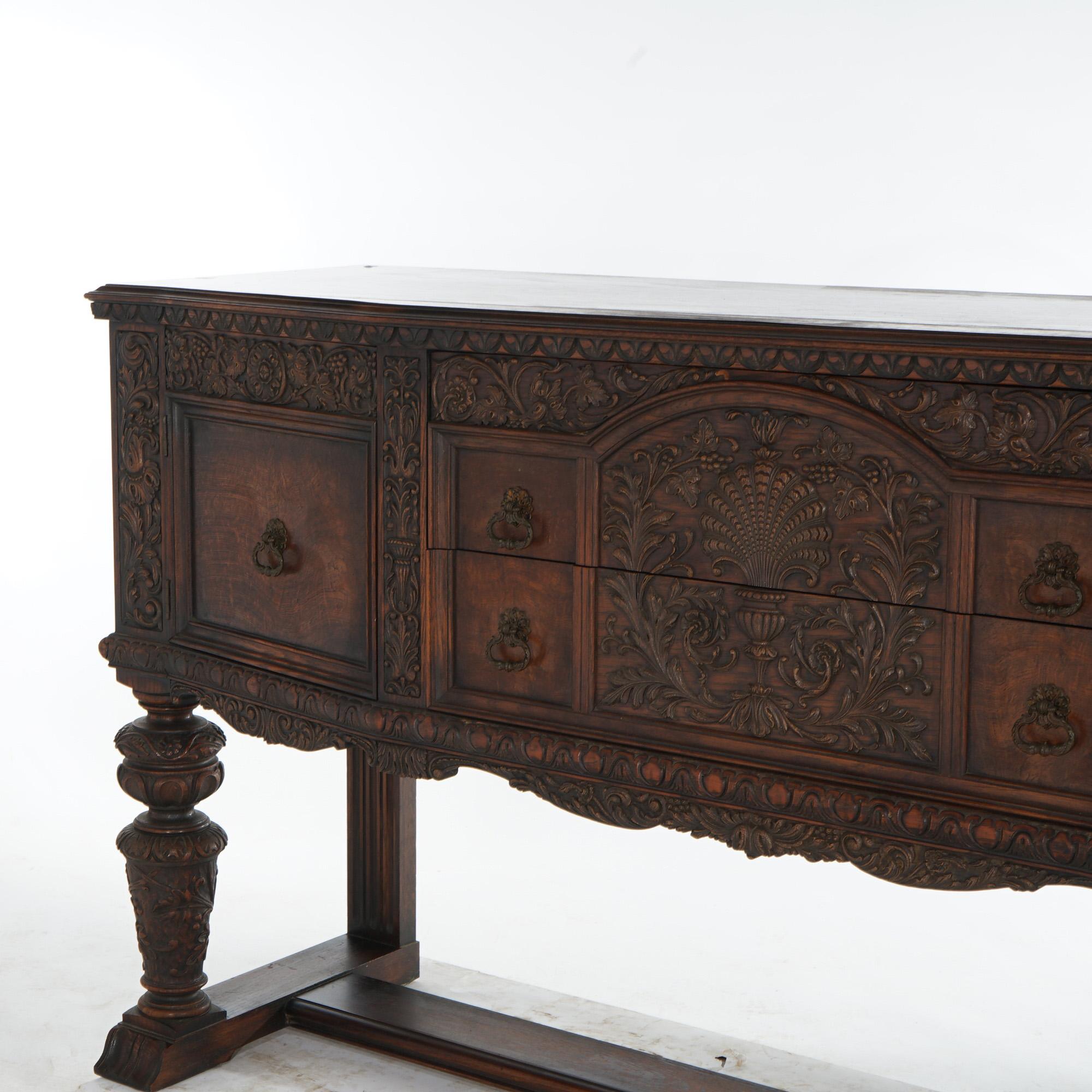 Antique Jacobean Foliate Carved Oak & Walnut Sideboard C1900 For Sale 4