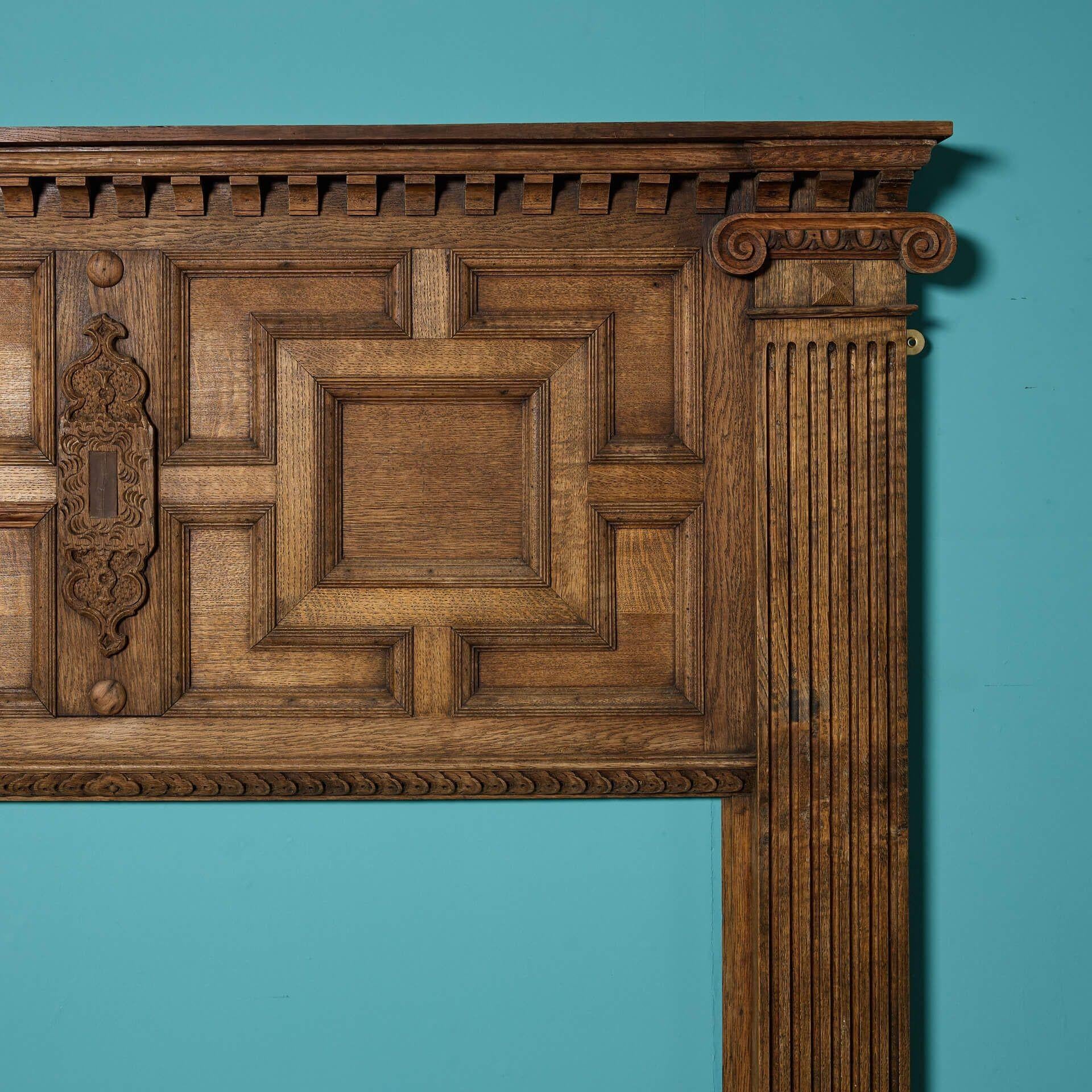 English Antique Jacobean Geometric Style Oak Fireplace For Sale