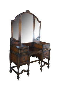 Antique Jacobean Gothic American Walnut Vanity Dressing Table Tri Fold Mirror