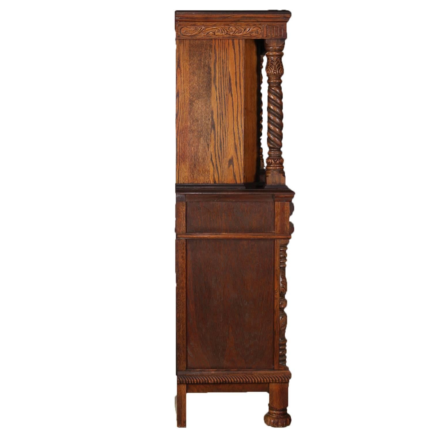Antique Jacobean Heavily Carved Oak and Burl Step Back Cupboard, circa 1930 7