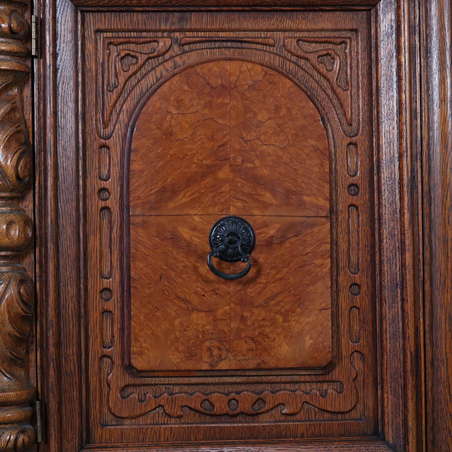Antique Jacobean Heavily Carved Oak and Burl Step Back Cupboard, circa 1930 In Good Condition In Big Flats, NY