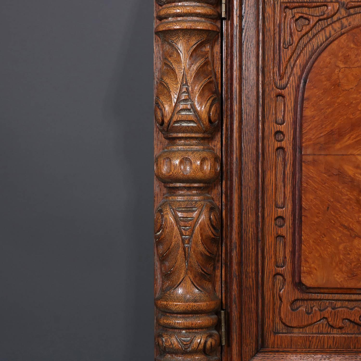 20th Century Antique Jacobean Heavily Carved Oak and Burl Step Back Cupboard, circa 1930