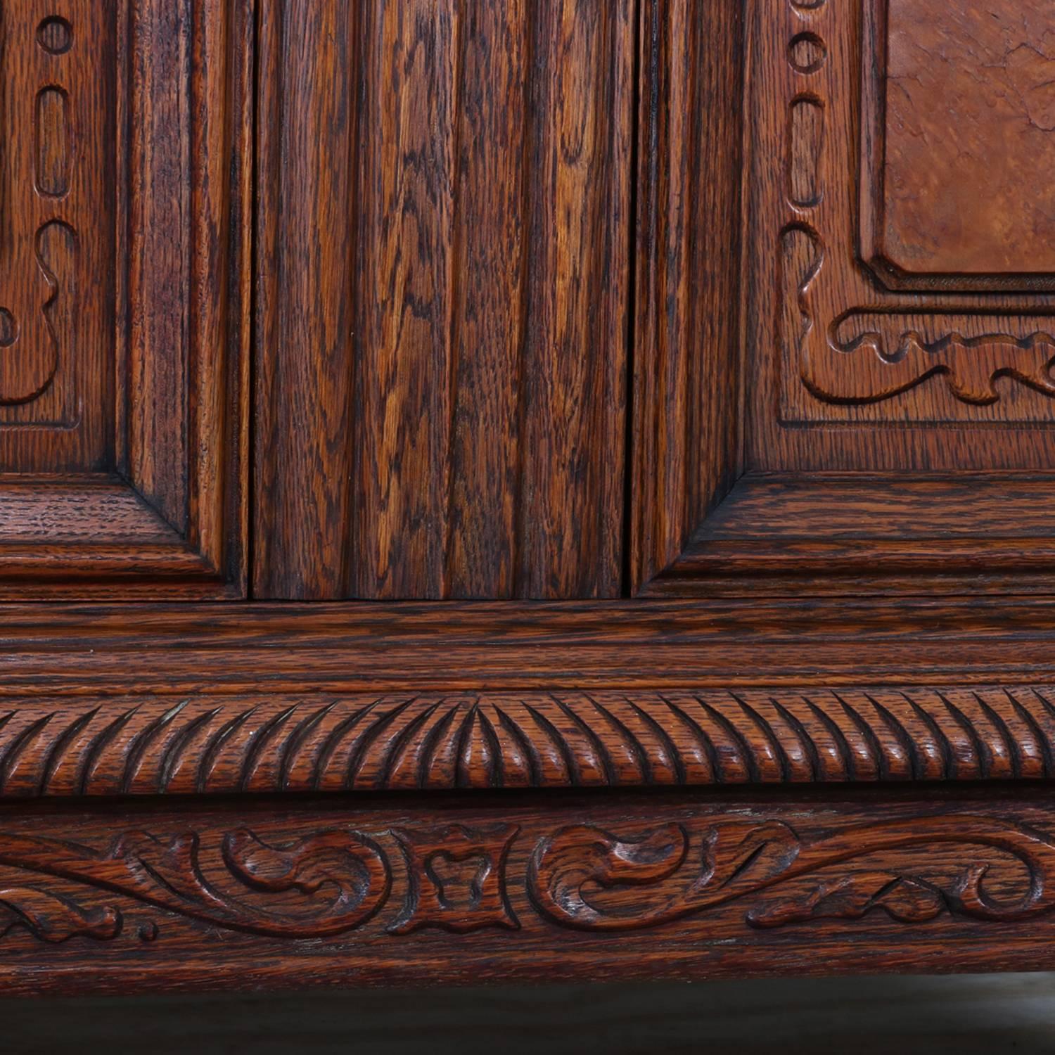 Antique Jacobean Heavily Carved Oak and Burl Step Back Cupboard, circa 1930 4